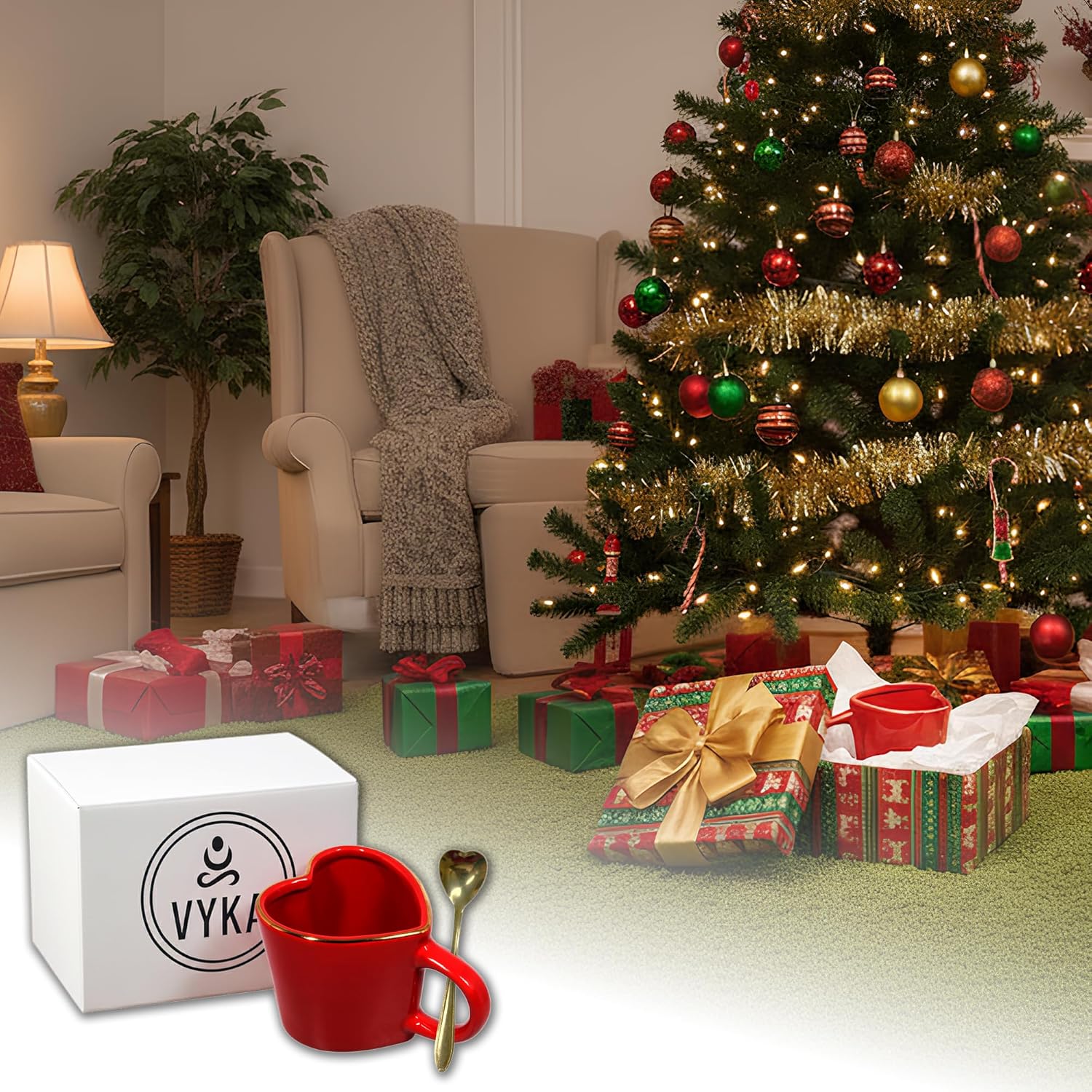 15.5 oz Large Heart Mug with Gold Heart Spoon and gift box – Romantic Stoneware Coffee Cup, 460ml Holiday Drinkware, Christmas, Birthday Gifts for Couples, Her, Boyfriend, Girlfriend (Standard Box) - Image 2