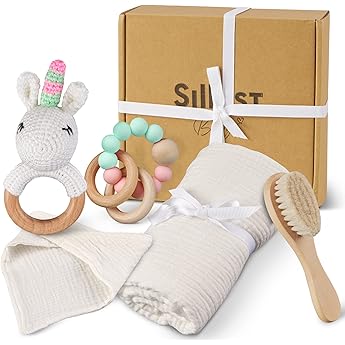 Baby Gift for Birth High-Quality Set of Muslin Cloth Rattle Teething Ring Bib & Hair Brush for Babies 100% Organic Cotton for Girls and Boys Colourful