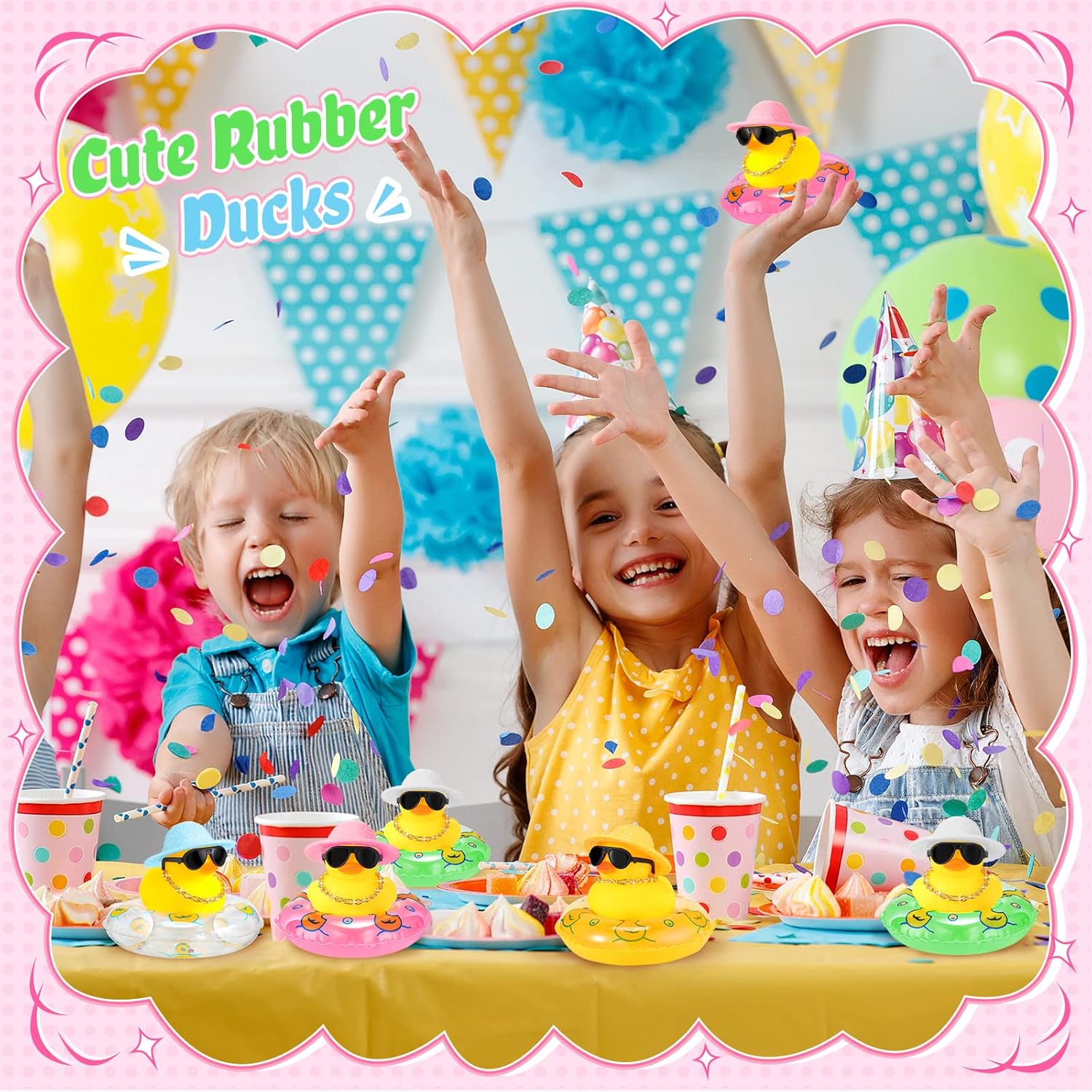 Sotiff 12 Sets Mini Rubber Ducks Bulk for Kids Children Cute Yellow Duck Toy Dashboard of Car Ornaments with Sunglasses Swim Ring Mini Hat Necklace Gift for Summer Birthday Party Favor (Novelty)