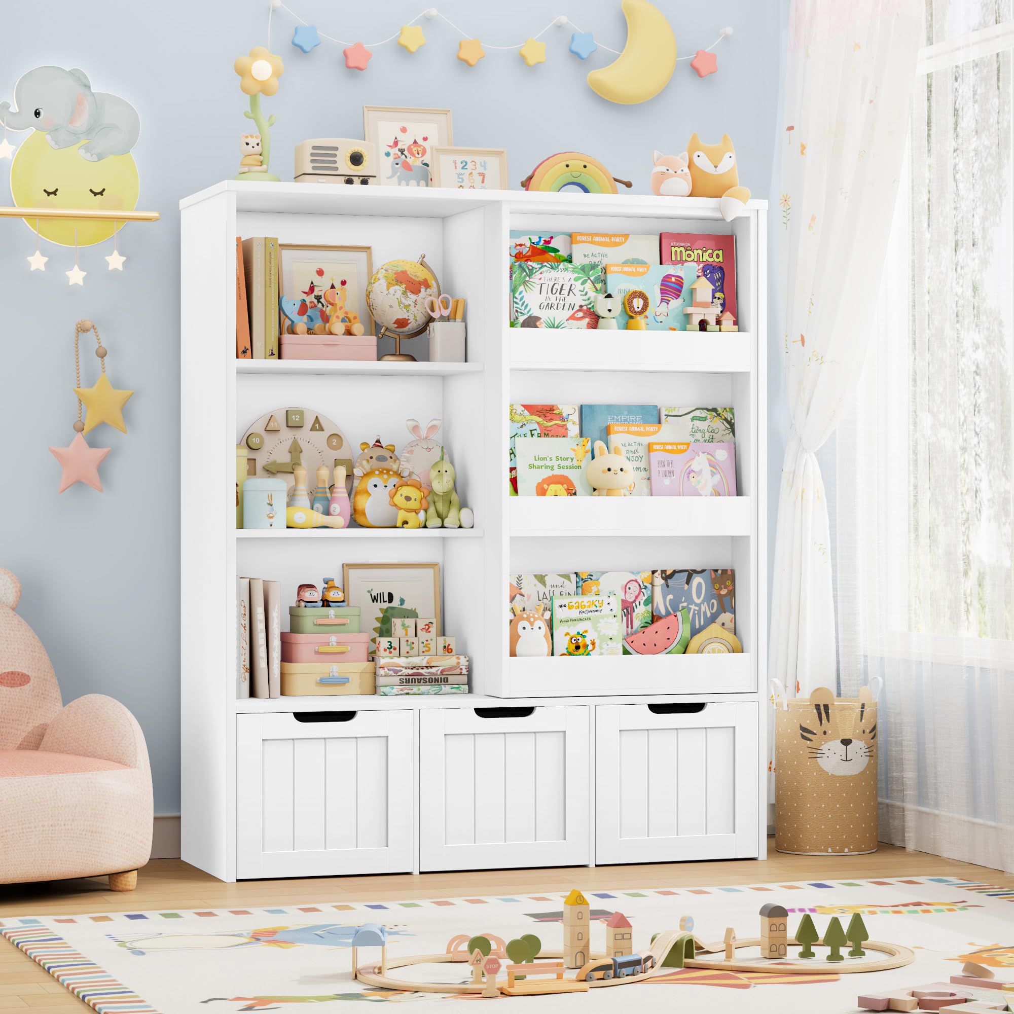 FOREHILL Bibliothèque Enfant avec Porte Coulissante Meuble Rangement Enfant avec 10 Étagères 3 Tiroirs Roulants Meubles Rangement Jouet pour Chambre d’Enfants 120,5x37x100cm Blanc
