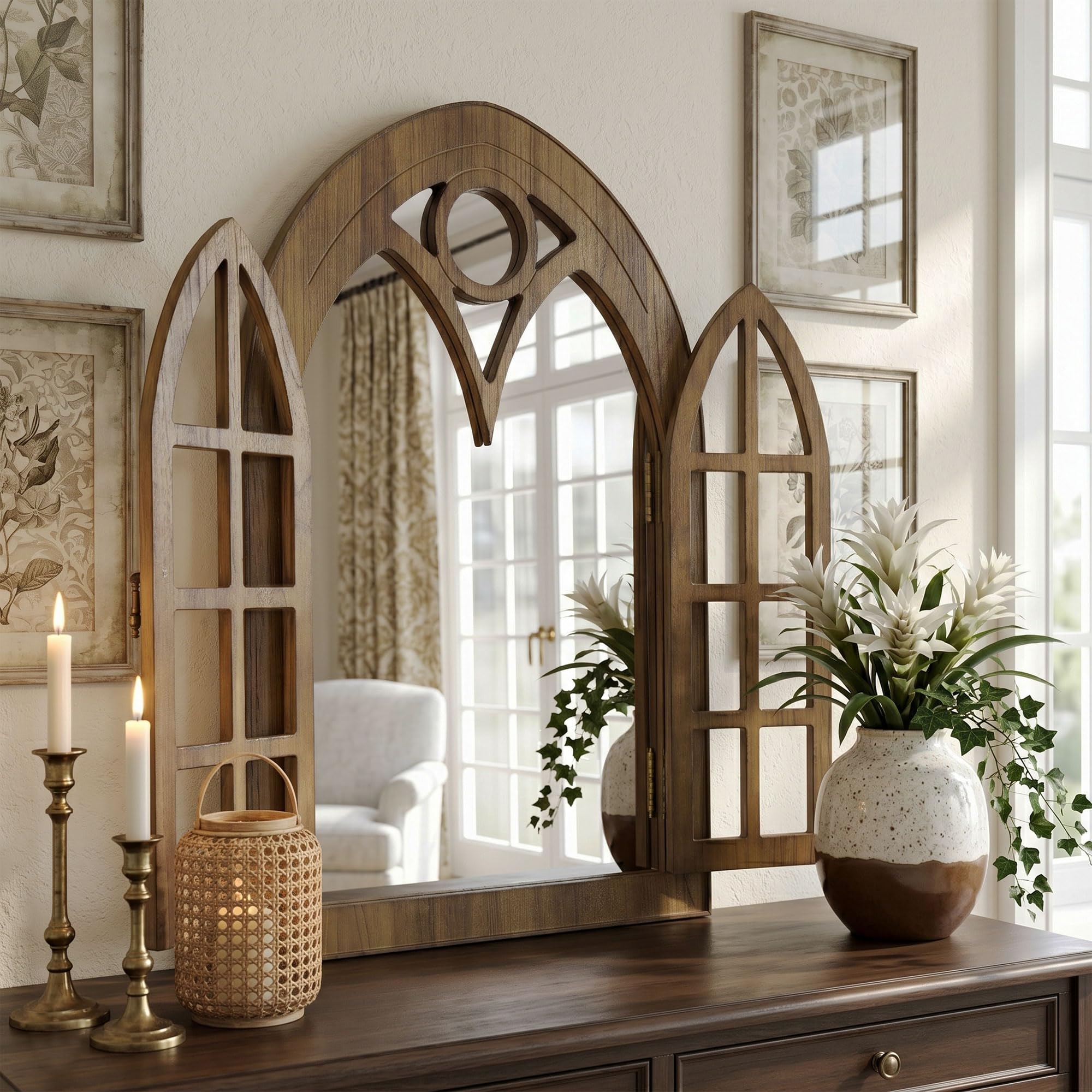 Espejo de Pared Estilo Ventana de Arco con Marco de Madera Abrible, Diseño de Ventana para Salón, Dormitorio & Entrada