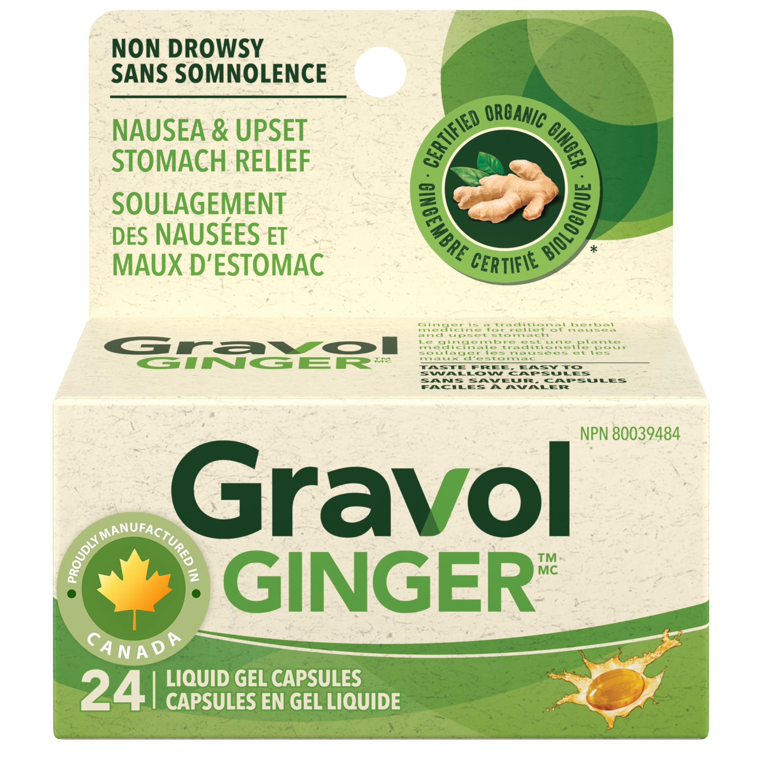 Gravol Ginger Liquid Gel Capsules for Upset Stomach and Nausea (24 Caps)