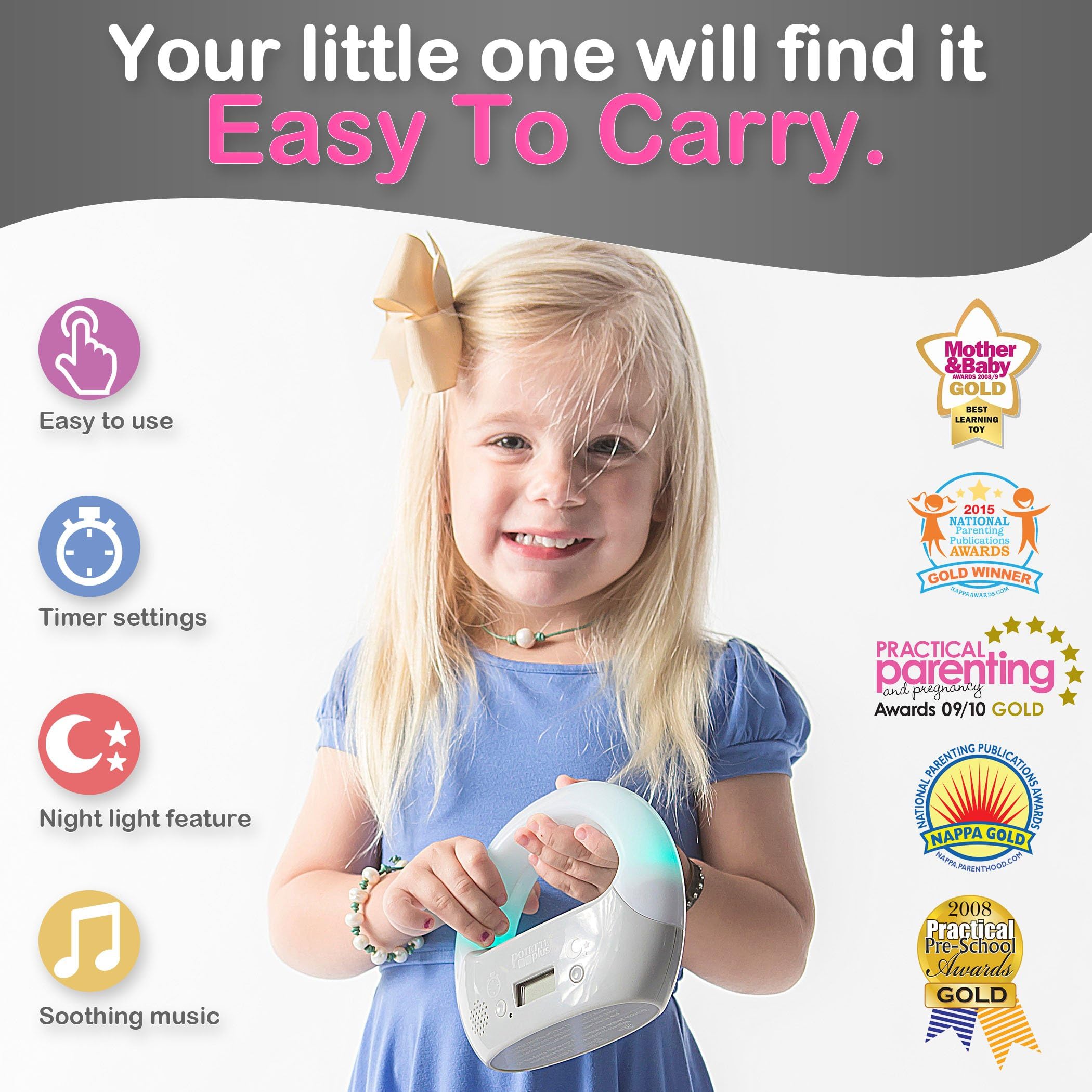 Potette Plus-3-In-1, Potty Training Timer, Nightlight and Lullaby Soother, Grey/White