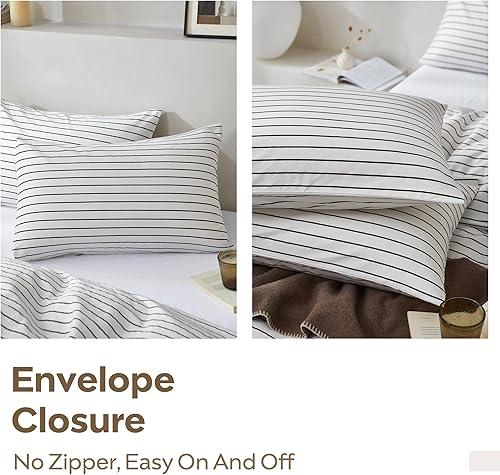 Miniatura 6 de JELLYMONI Juego de funda de edredón de 3 piezas de algodón 100% natural, funda de edredón blanca con patrón de rayas negras finas, con cierre de