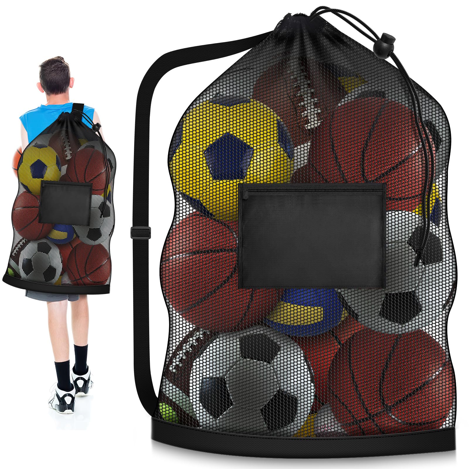 Hoiny Extra Large Soccer Ball Bag Mesh with Adjustable Strap and Pocket, Heavy Duty Sports Basketball Balls Sack Net for Volleyball, Training Equipment