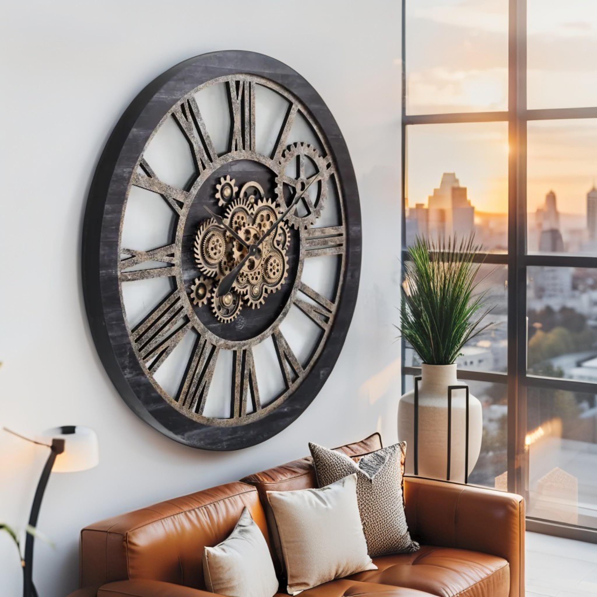 The Gears Clock - Orologio da parete con ingranaggi mobili, stile vintage, industriale, grande, rustico, stile vintage, in legno nero e bronzo