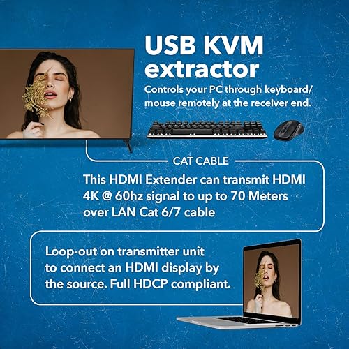 Miniatura 4 de OREI KVM 4K HDMI over Ethernet Extender Balun Over CAT67 Cable 4K 60Hz hasta 230 pies - 2 puertos USB 1.1, compatible con teclado y mouse USB HDMI