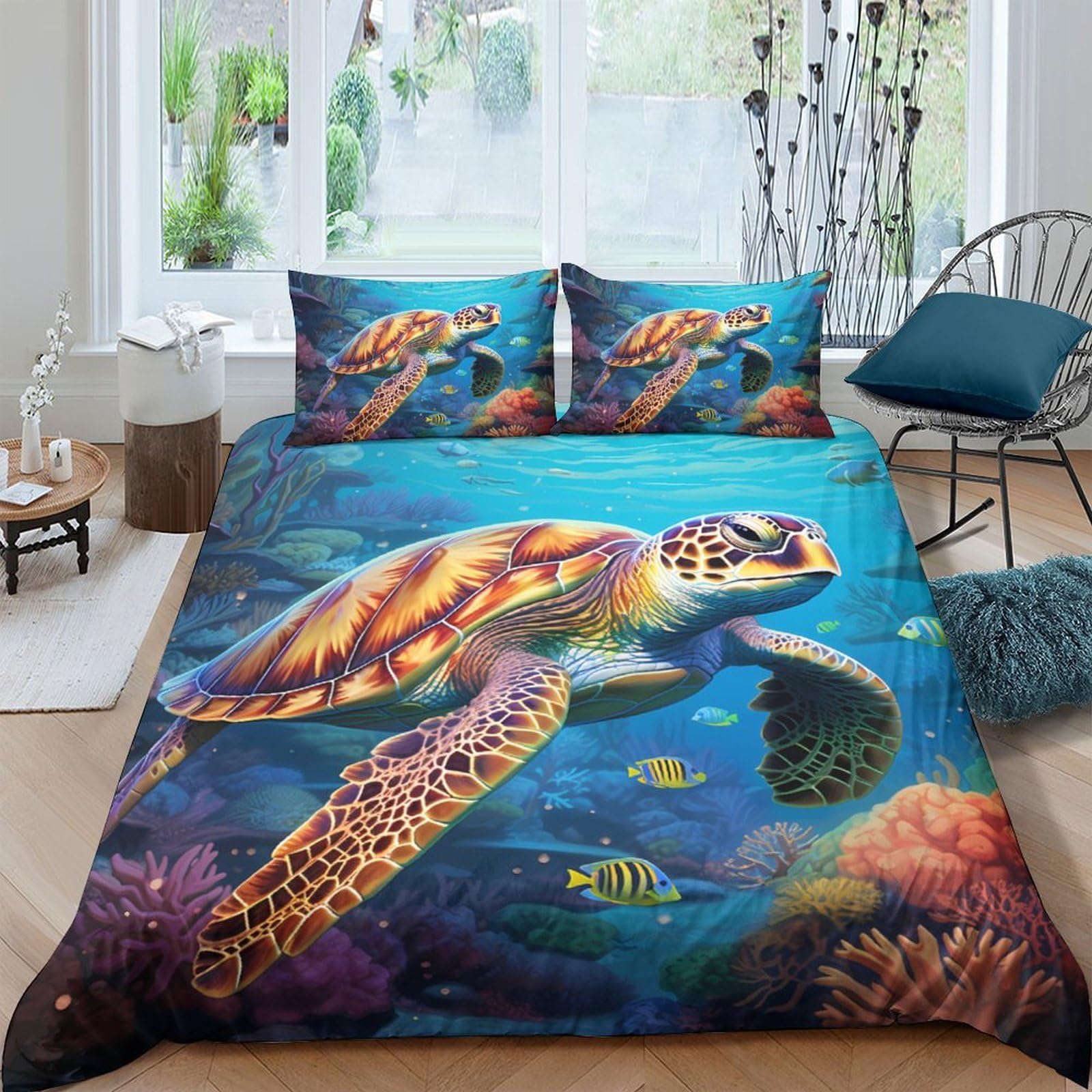 Ctjqhvkz Style-10 3D Printed Sea Turtle Fitted Sheet Microfiber Soft Ocean Coral Bed Cover For Bedroom Guest Room Mattress Protector Single（135X200cm）