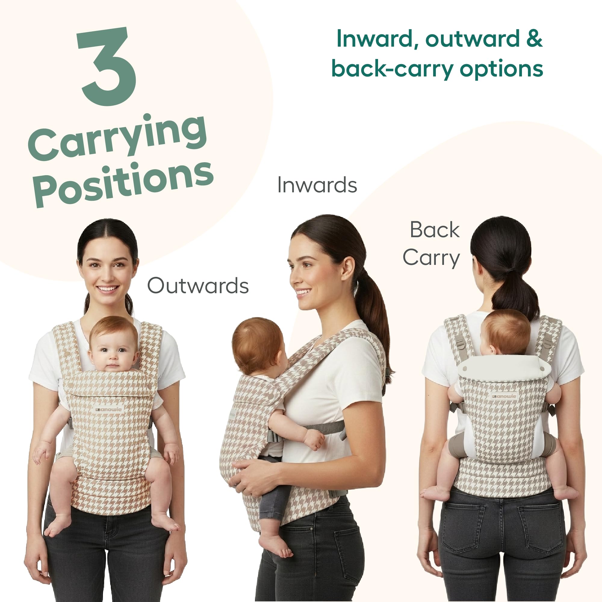 Baby Carrier - Forward & Back Facing Multi Position, 3 Months Plus Babies & Toddlers, Ergonomic & Supportive Waist Design, Adjustable Straps, Supports 7–44 lbs (3.2–20 kg) - Cream Dogtooth - 4