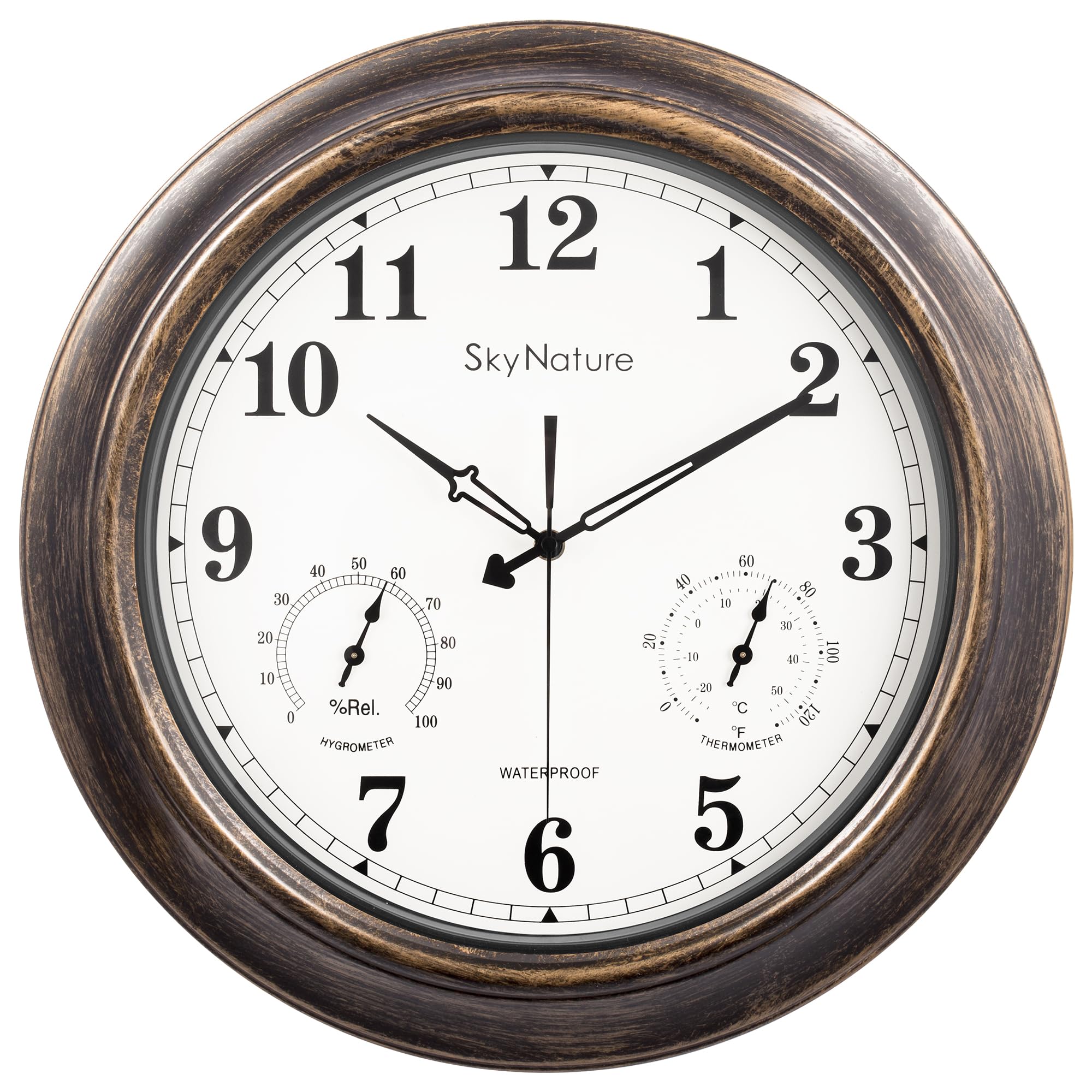 Große Outdoor Gartenuhr, 45cm Retro Wetterfest Uhr mit Thermometer und Hygrometer, Leise Ohne TickgeräUsche Metall Wanduhr, Wasserdicht Uhr für Zaun, Terrasse, Pool, Badezimmer - Bronze