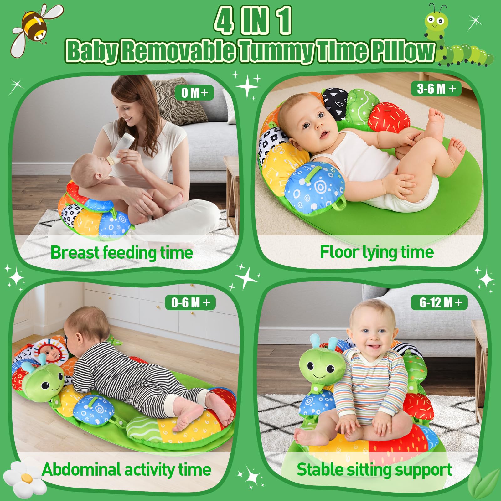 Ulikey 3 in 1 Bauchlage Spielzeug Baby, Abnehmbar Raupe für Baby, Bauchlage Helfen Sitzen Stützen Babyspielzeug 3 6 9 Monate mit Rassel, Beißring, Spiegel
