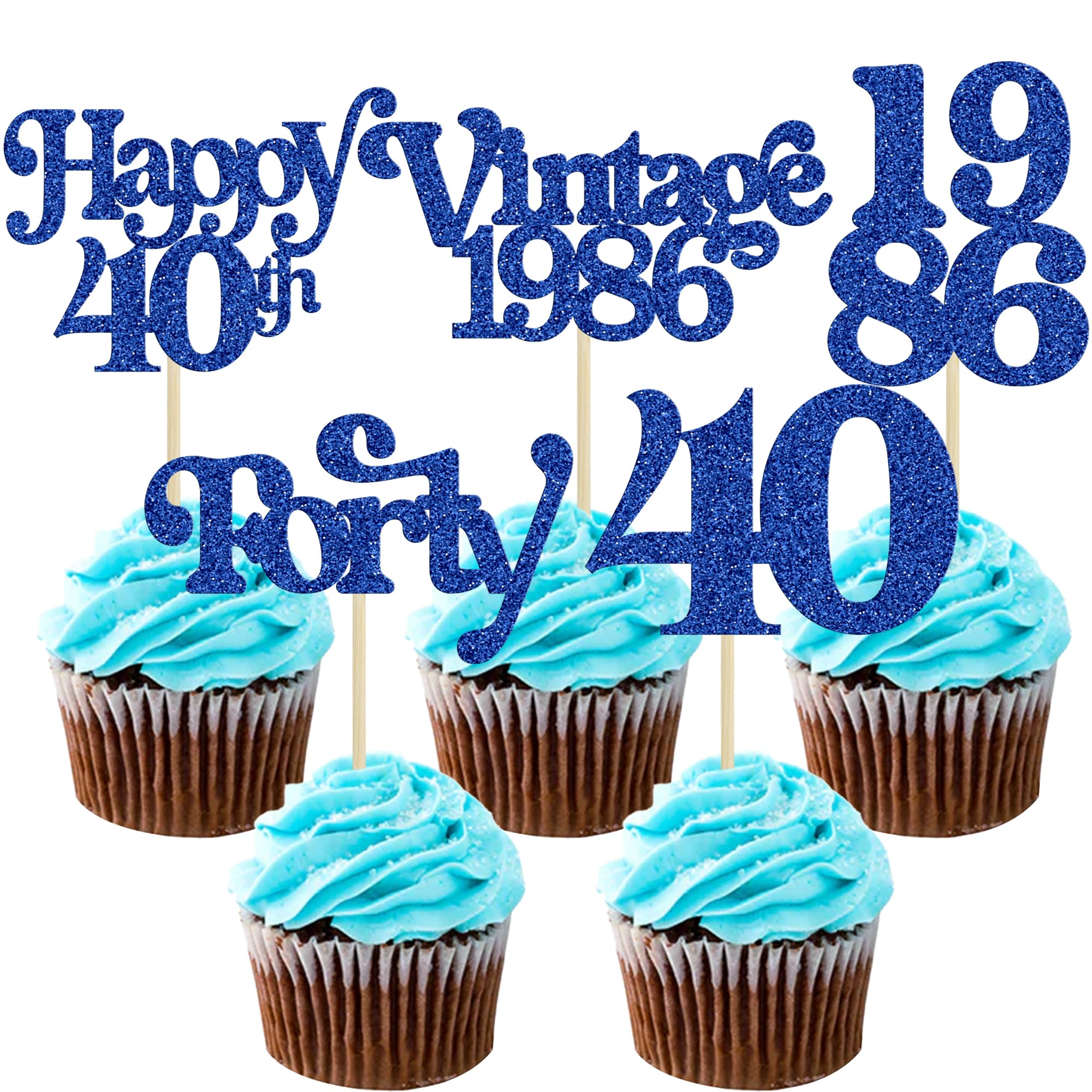 Gyufise 30Pcs 40th Birthday Cupcake Toppers Glitter Cheers to 40 Fabulous Forty Cupcake Picks Happy 40th Birthday Wedding Anniversary Party Cake Decorations Supplies Blue โ image 1