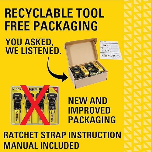 Vista 8 de STANLEY S10074 - Correas de amarre con trinquete de 1.5 pulgadas x 16 pies, color negro/amarillo, seguridad de carga pesada