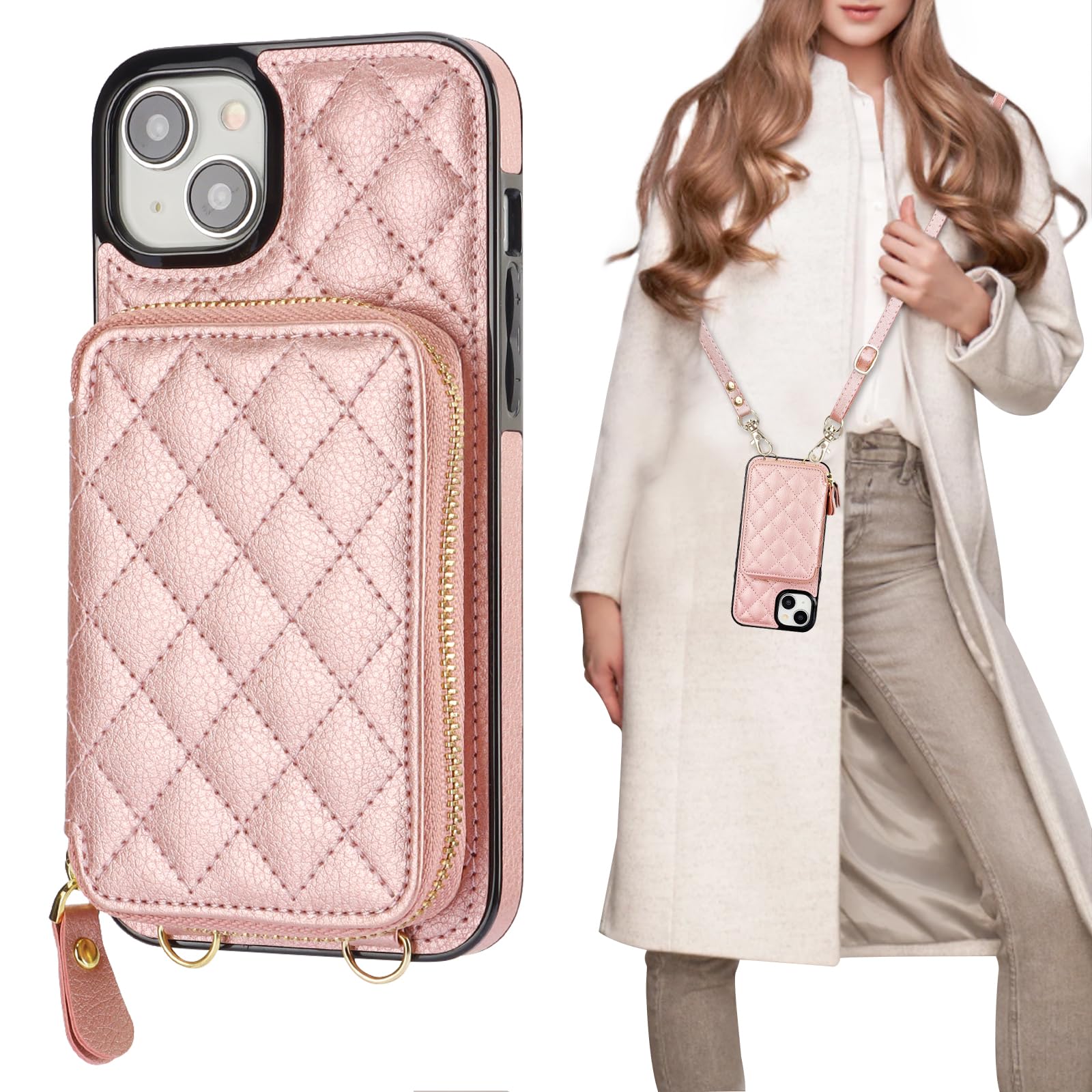 Bocasal Crossbody Wallet Case for iPhone 15 Plus, RFID Blocking PU Leather Zipper Handbag Purse Flip Cover, Kickstand Folio Case with Card Slots Holder Wrist Strap Lanyard 5G 6.7 Inch (Rose Gold)