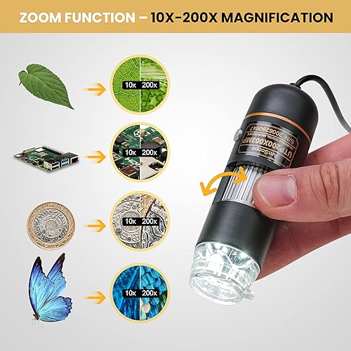 Miniatura 4 de Amscope UTP200X003MP Microscopio USB digital de 2 MP, aumento 10X-200X, fuente de luz LED incorporada, soporte de mesa, incluye CD de software, negro