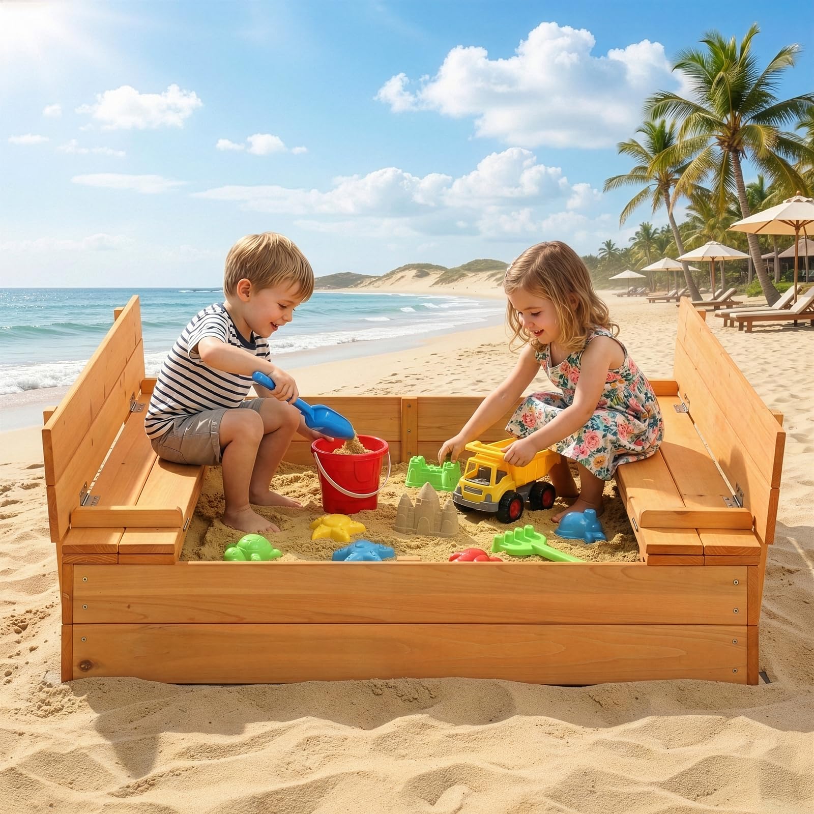 LEADZM Bac à Sable en Bois pour Enfants avec Banc et Couvercle, 110 x 110 x 21 cm, Grand Bac à Sable Extérieur pour Jardin, Plage, Parc, Cadeau pour Garçons et Filles de 3 à 12 Ans