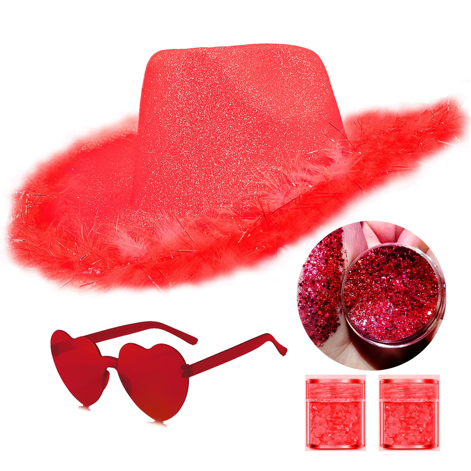 SHENYI Glitter Cowgirl Hat with Heart Sunglasses Body Glitter Face Glitter Cowboy Hat for Women Men Music Festival Party (Red) โ image 1