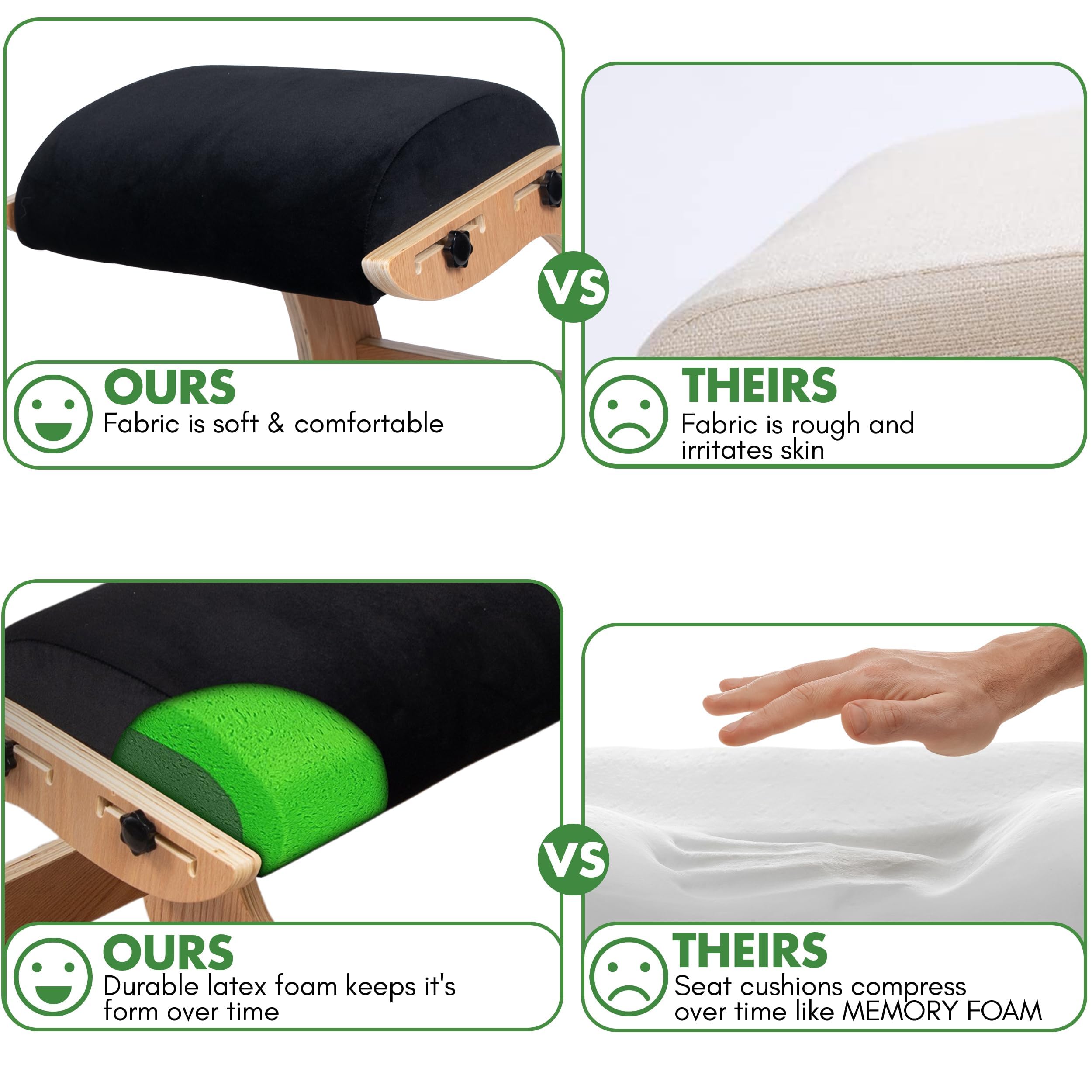 Ergonomischer Kniestuhl, verstellbarer Sitz - Bürostuhl für Schreibtisch, Haltungskorrektur, Premium-Komfortkissen, Schaukelkniestuhl aus Holz (schwarz)