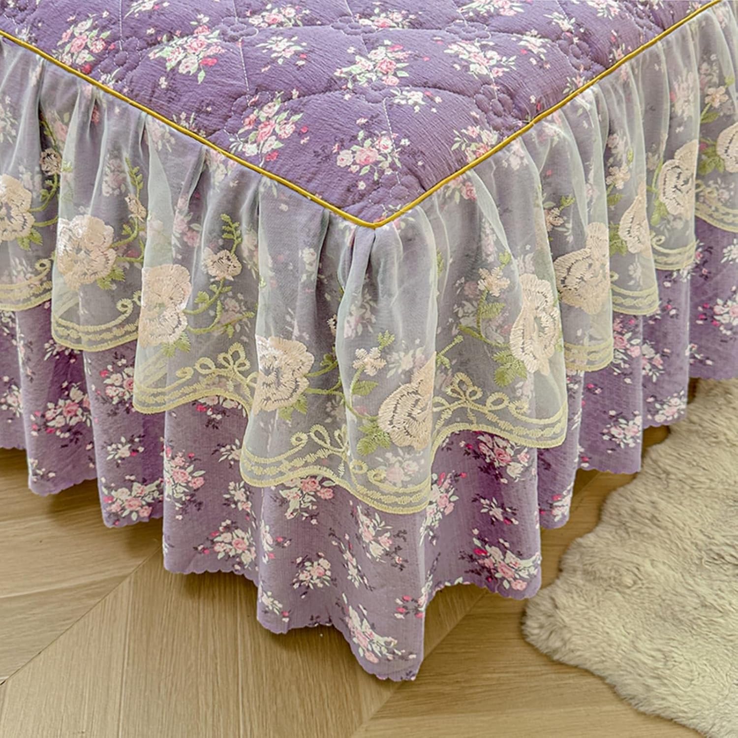 Drap de lit double avec bords en dentelle et jupe à volants 180x220