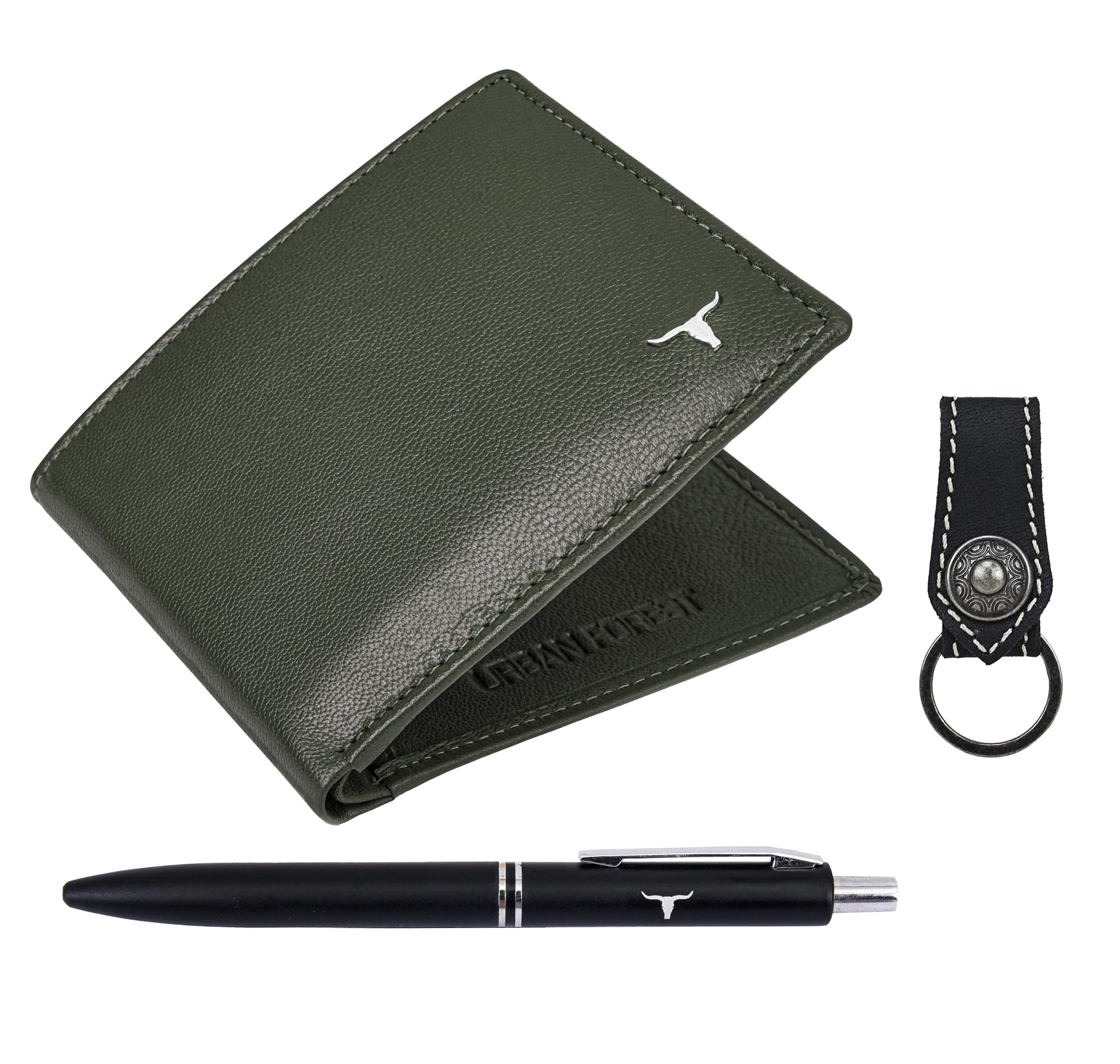 URBAN FOREST Gary Aniline Green Leather Wallet, Black Pen & Keychain Combo Gift Set for Men
