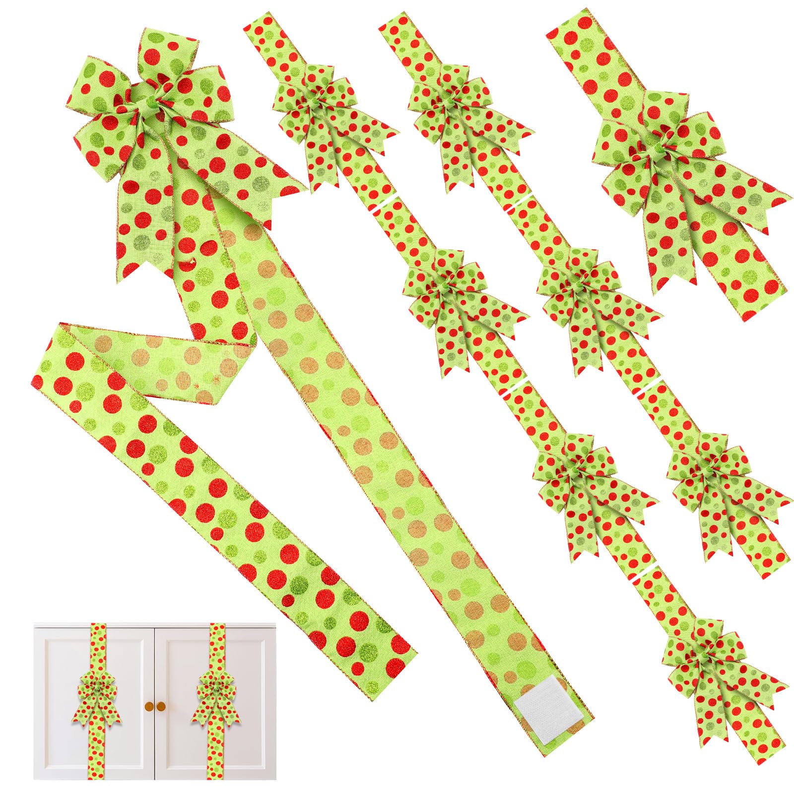 Hotop Set of 8 Christmas Cabinet Ribbon Bows with Pin Christmas Hanging Decoration Xmas Cabinet Door Bows for Kitchen Cabinets Xmas Festive Party Supplies(Polyester,Green and Red)