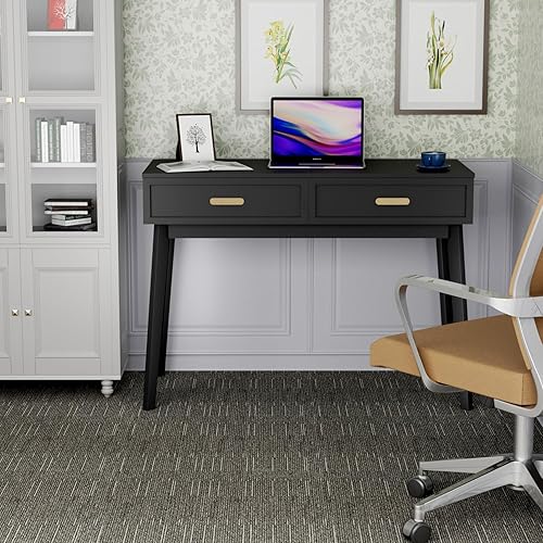 Miniatura 2 de BALDPER Escritorio de oficina en casa con 2 cajones, escritorio para computadora con mango dorado pulido, negro