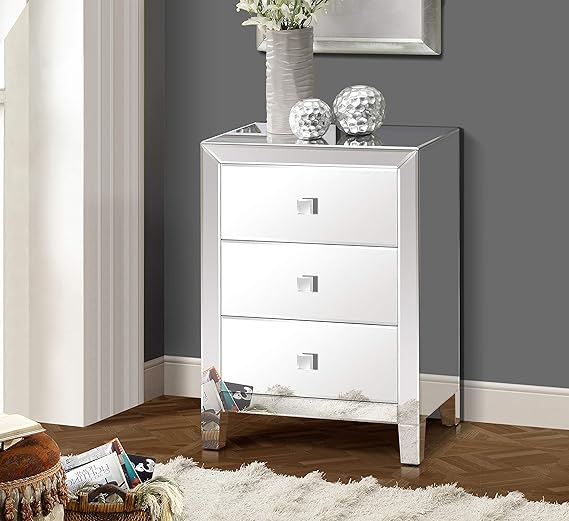 FINECASA Mirrored Nightstand with Drawers, 3 Drawer