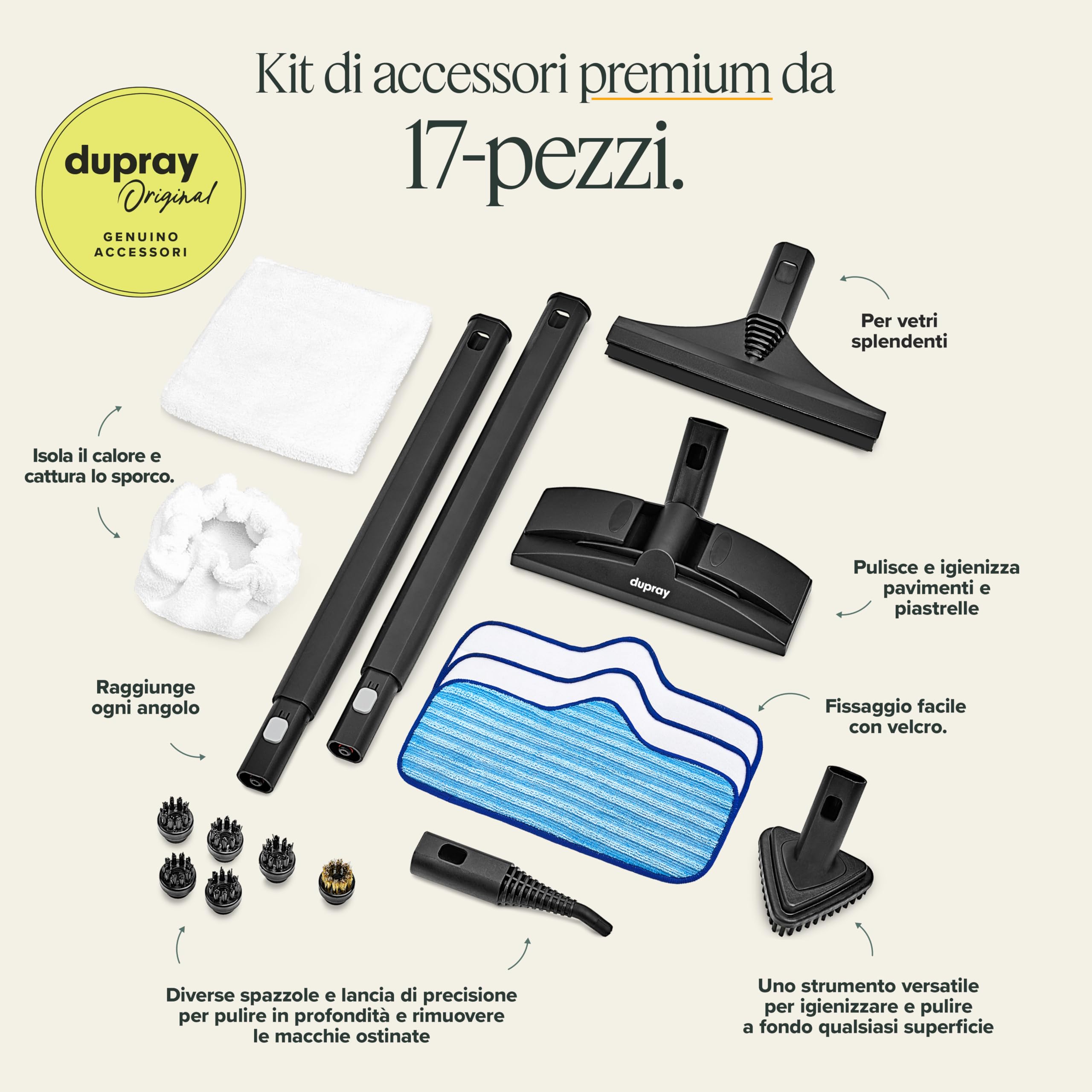 Dupray Neat Plus Pulitore a Vapore con Kit da 17 Accessori – Pulizia Potente Senza Prodotti Chimici per Pavimenti, Auto, Piastrelle, Tessuti, Elettrodomestici, Fughe e Altro (Neat Plus + 17 pezzi)