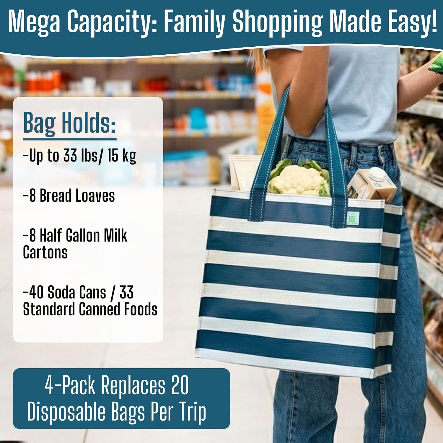 VENO 4 Pack Large Grocery Bag Reusable Shopping Bags with Hard Bottom image 4