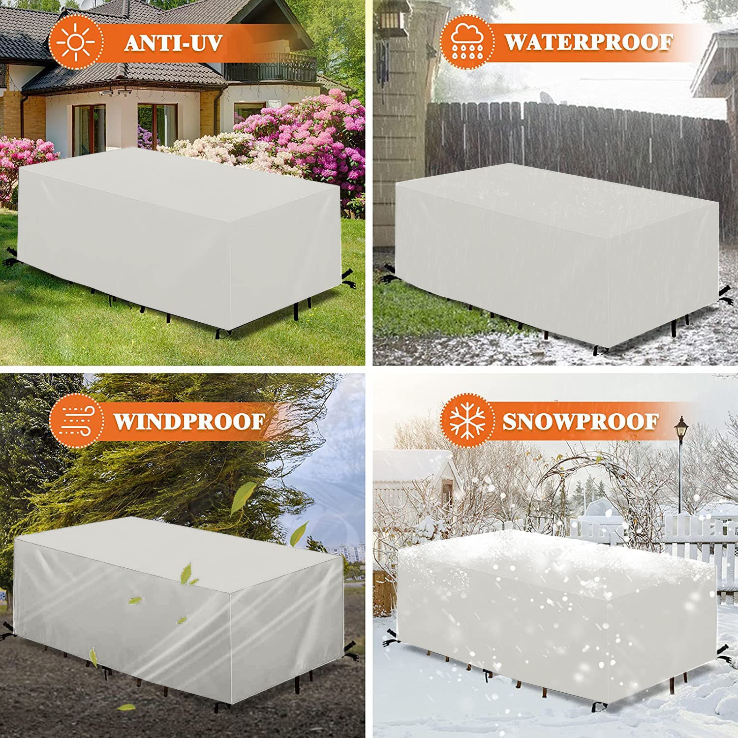Copertura rettangolare per mobili da giardino in tessuto Oxford 420D, 160 x 71 x 99 cm, antivento, impermeabile, anti-UV, protezione 24/7 per divani e sedie, colore bianco