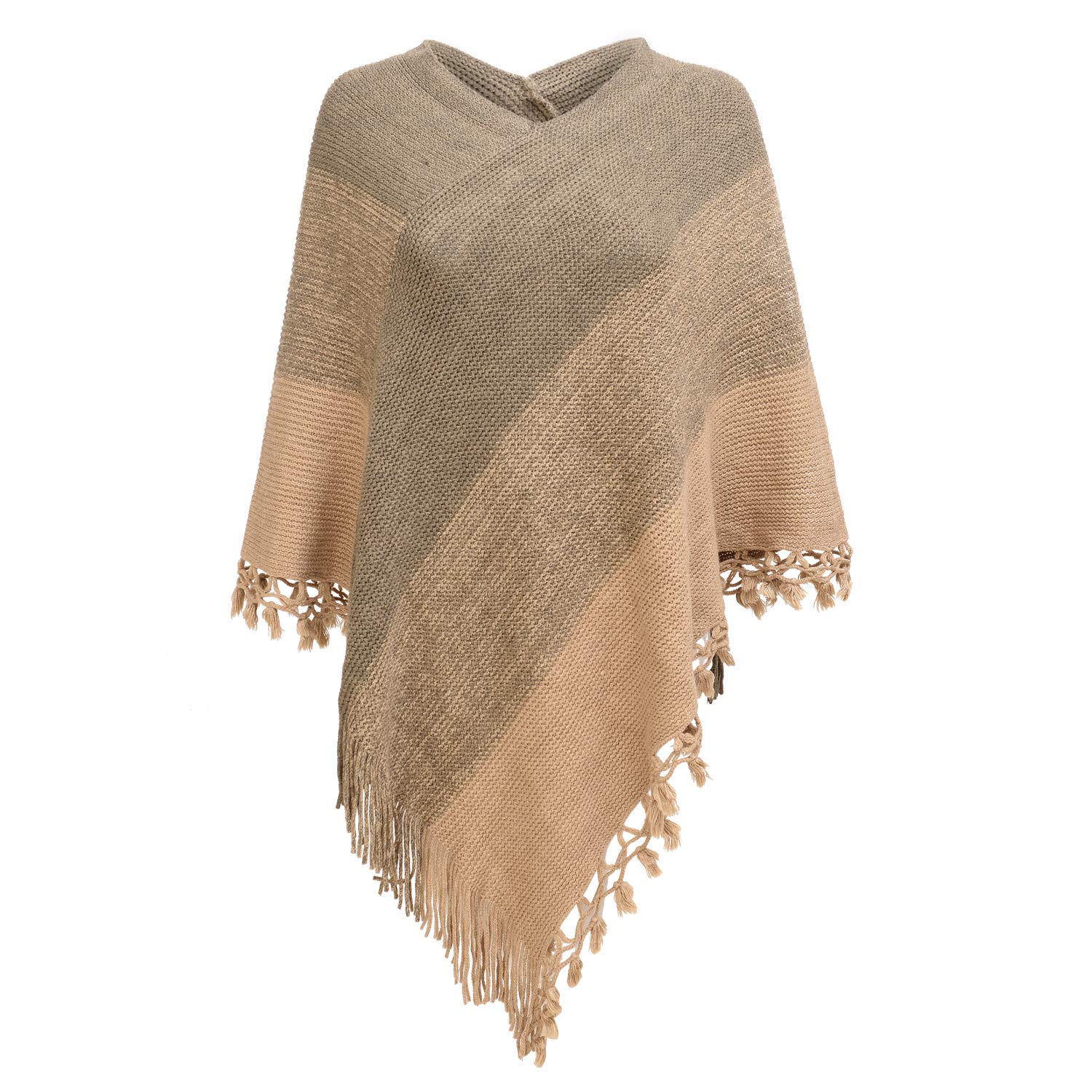 Fomolom Women Striped Poncho with Tassels Knitted Shawl Scarf Fringed Wrap Sweater Pullover Cape Gifts for Women