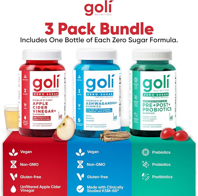 Goli Zero Sugar Trio - World's First 3-in-1 Pre, Post, Probiotic, Apple Cider Vinegar with Vitamin B12 and Probiotics, Ashwagandha & L-Theanine, Vitamin D Gummies, 180 Count (3-Bottle Set) image 5