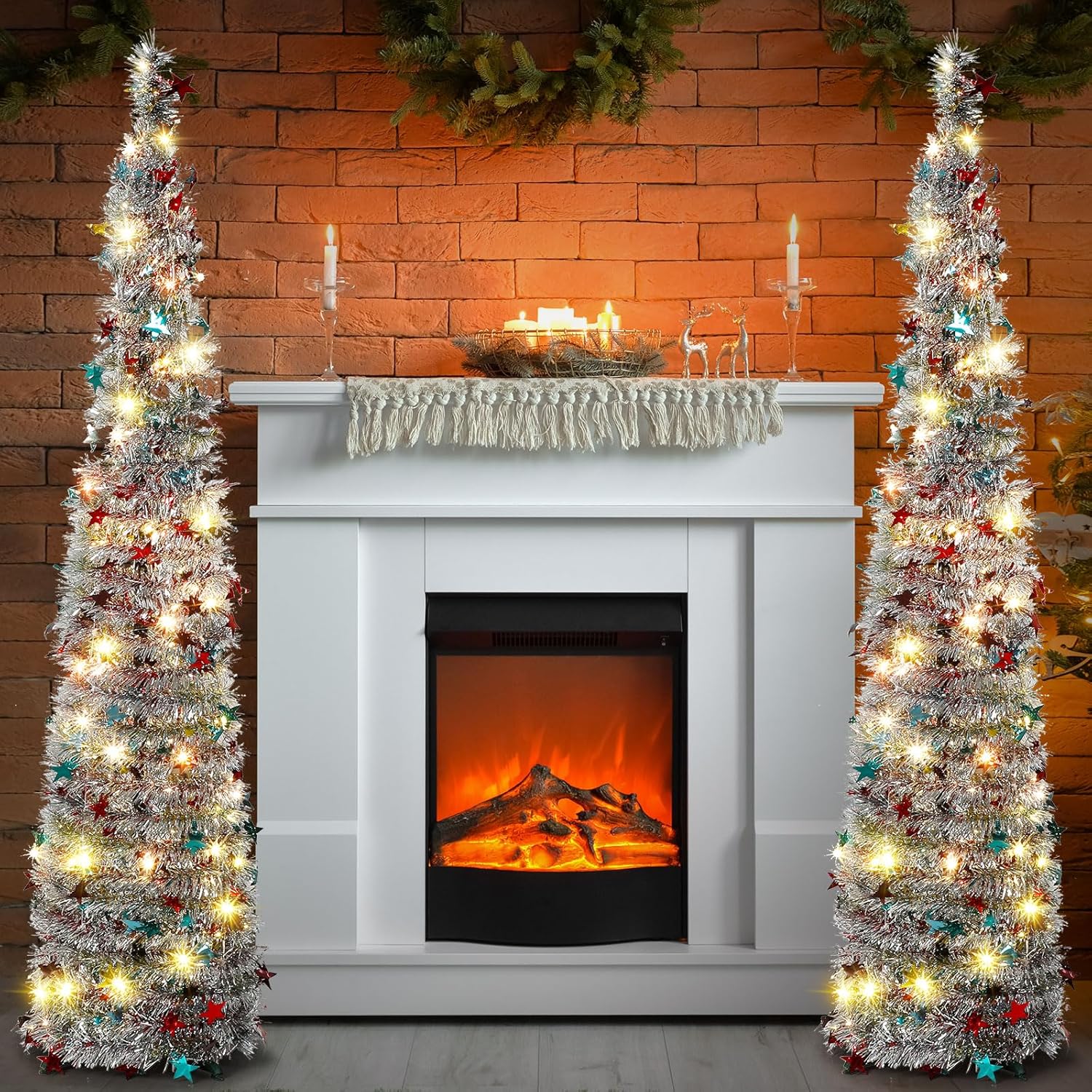 Syhood 2 Pack 5ft Collapsible Christmas Tree Tinsel Christmas Tree Pop up Glittery Pencil Tree Skinny Artificial Pencil Tree for Holiday Xmas Winter Party Decorations(Dark Green,Tree)