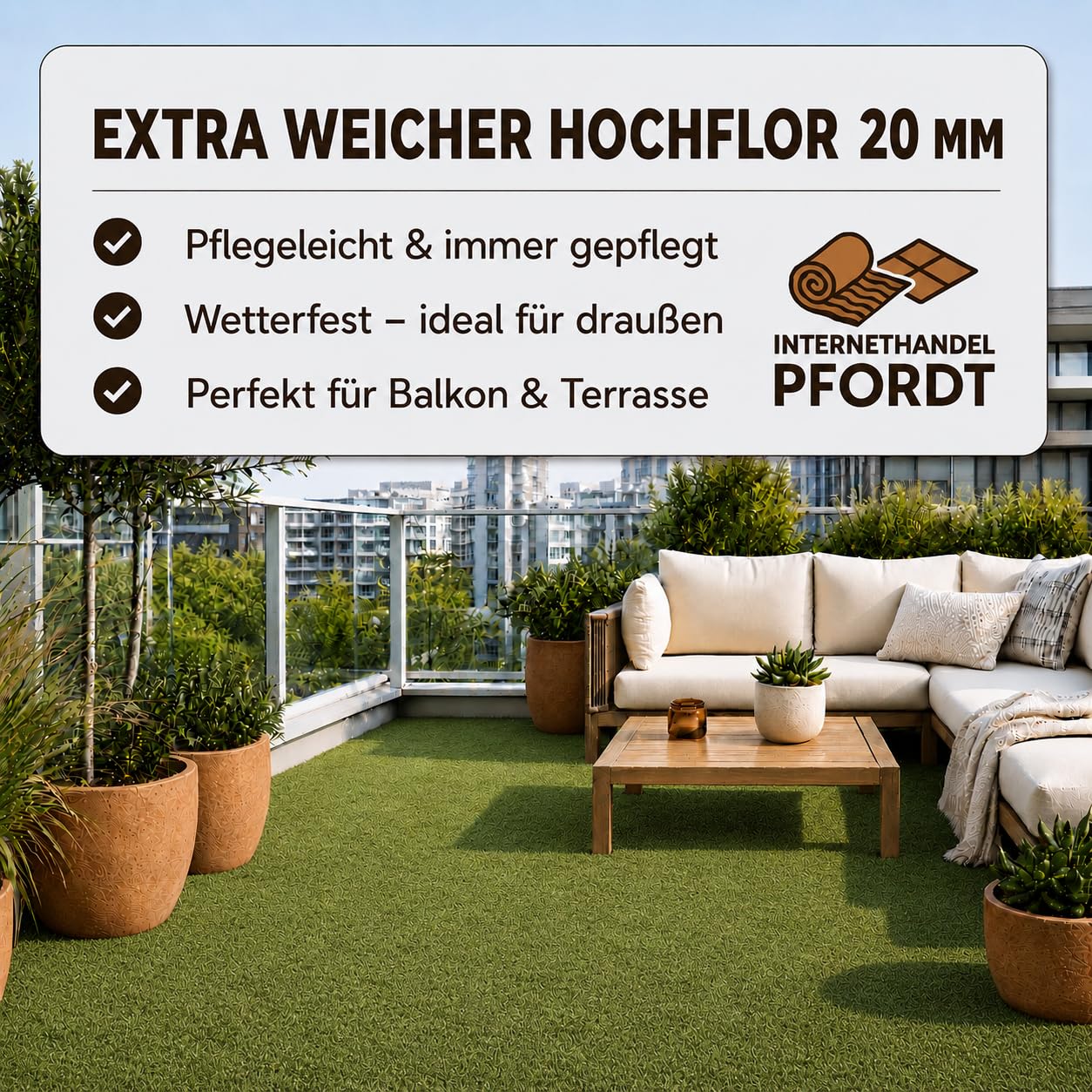 Hochflor Kunstrasen 20 mm, 200x200 cm, dekorativer Rasenteppich für Balkon, Terrasse und Garten, wetterfest und pflegeleicht