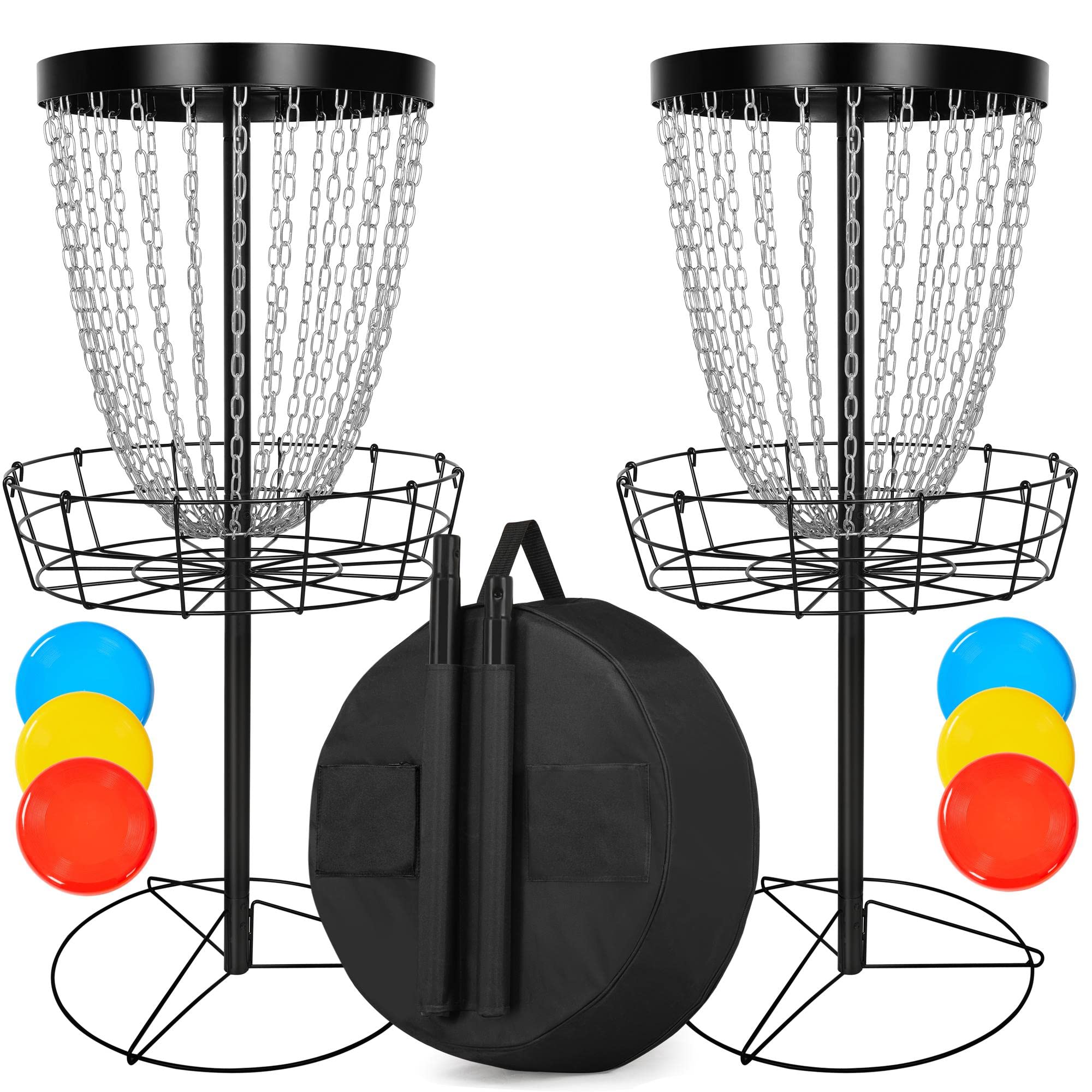 Yaheetech 2pcs 24-Chain Disc Golf Basket with Discs and Carring Bag Heavy Duty Portable Disc Golf Target Goal Practice Target Flying Disc Golf Practice Basket, Black