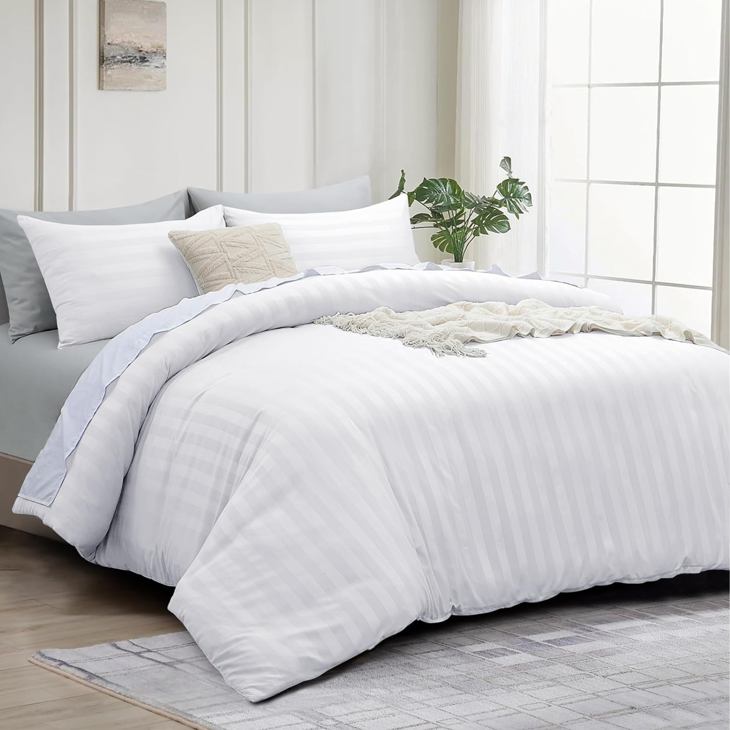 AR Ware Set Copripiumino Super King Size A Righe Satin – 4 Pezzi, Microfibra Morbida, Con 2 Federe E Lenzuolo Con Angoli 180x200 Cm, Chiusura A Bottone, Stile Hotel