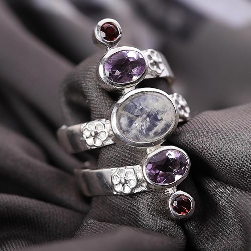 Miniatura 2 de NOVICA Anillo de cóctel artesanal hecho a mano con piedra lunar de plata artesanal con granate amatista y granate de ley multicolor 'encantamiento