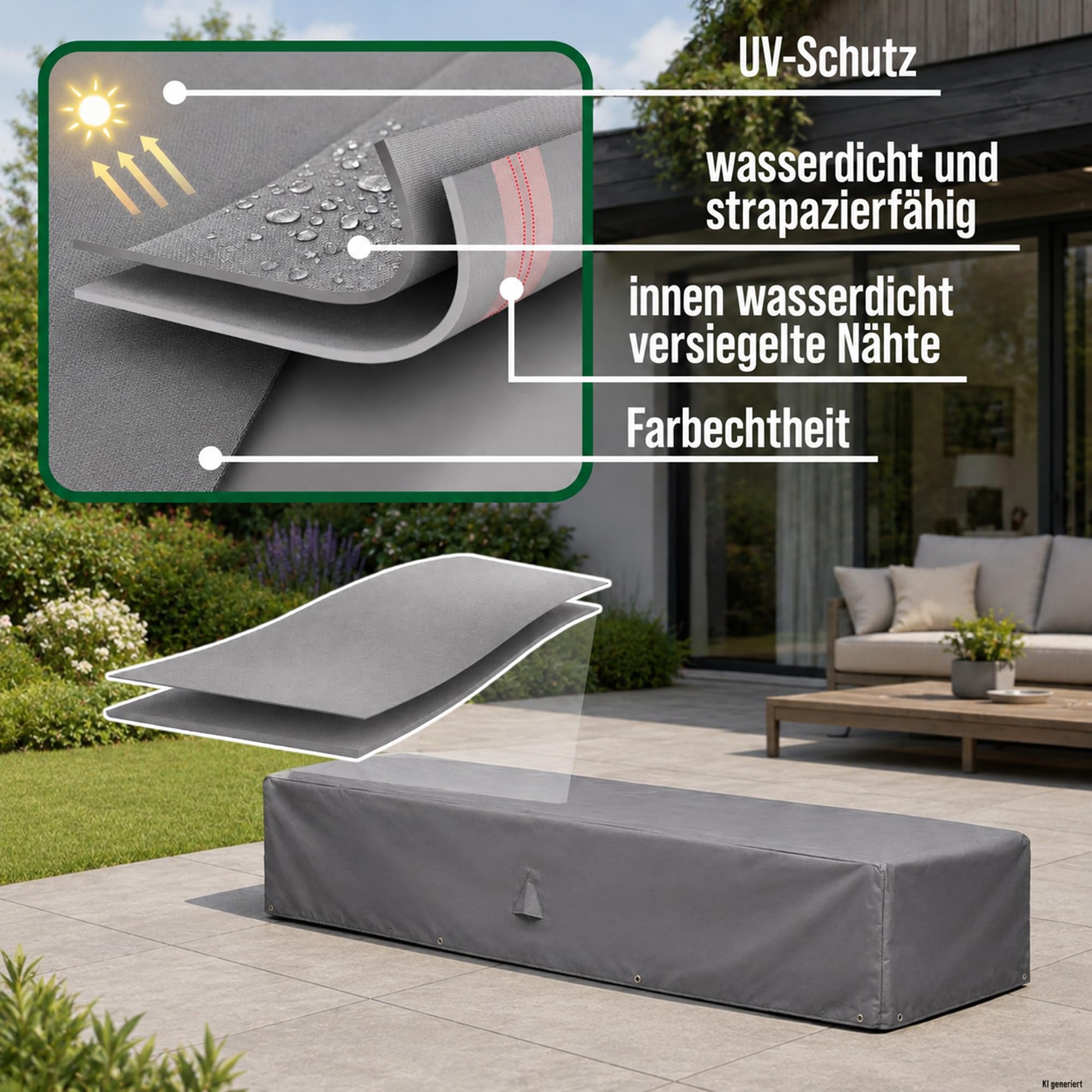 Abdeckung Sonnenliege, 225x85x40 cm, grau, Oxford 600D Gewebe, Schutzhülle für Gartenliege wasserdicht, UV-beständig und wetterfest