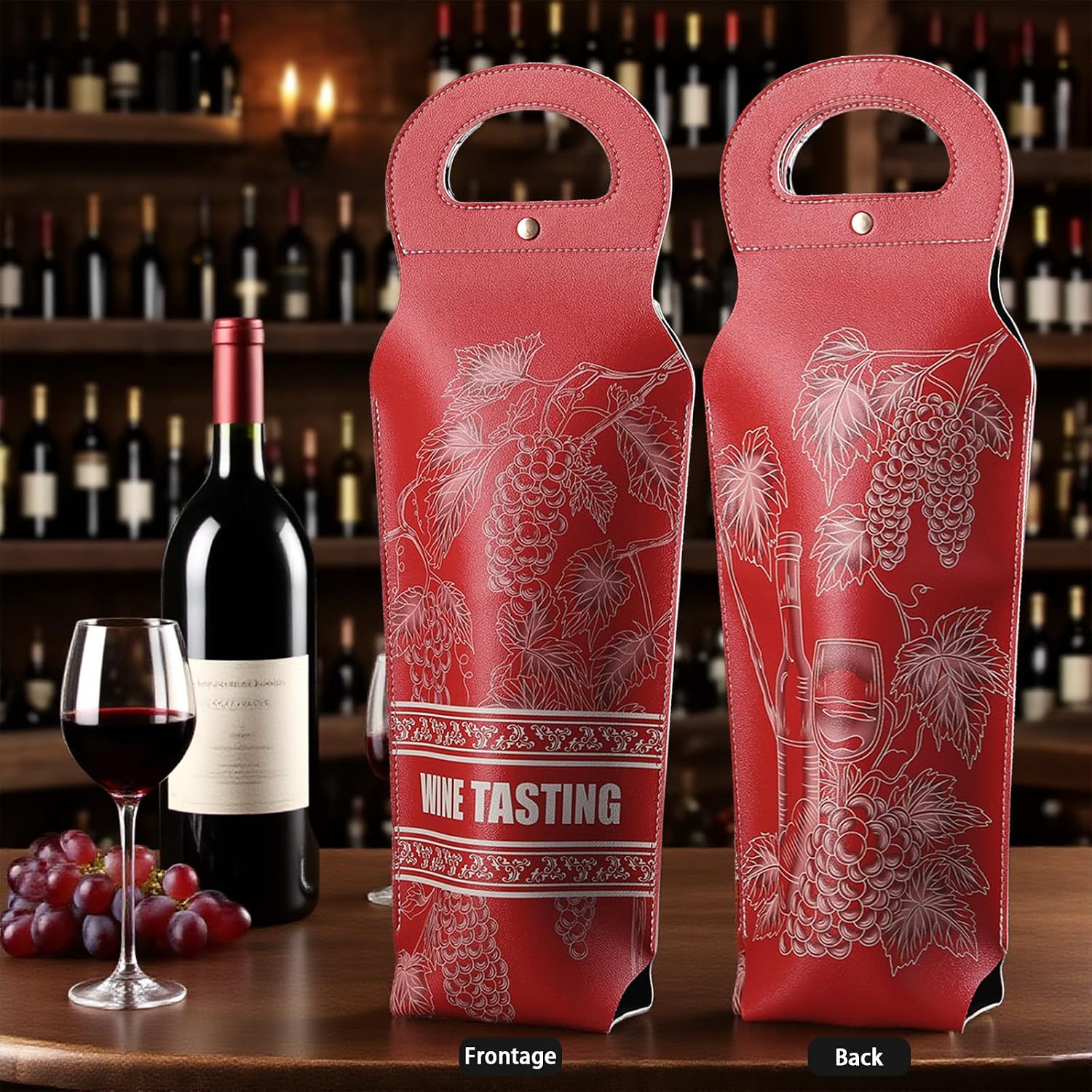 Wine Gift Bag, PU Leather Single-Bottle Wine Tote Carrier, Reusable 750ml Wine Travel Bag for wine, Foldable Bottle Gift Bag with Handle Snap, Ideal for Wedding, Birthday, Christmas (Printed - Red) image 2