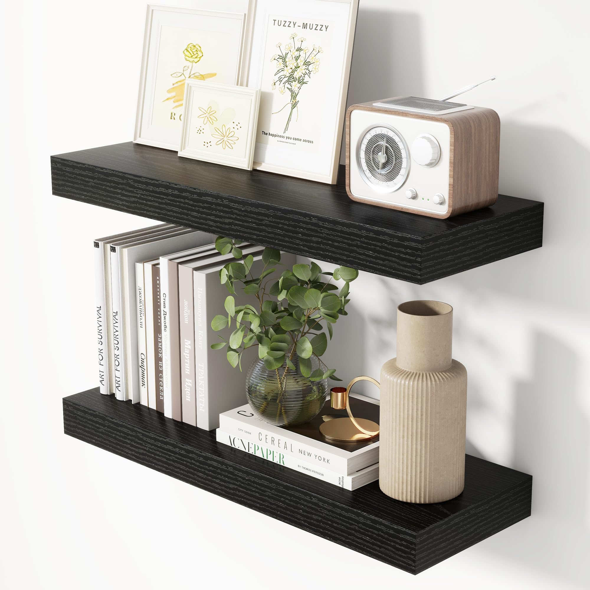 Heimlove Floating Shelves, Set of 2 Floating Shelf 60cm, Black Wooden Shelves, Wall Mounted Shelves for Wall, Book Shelf for Living, Bathroom, Kitchen Bedroom and Home Decor