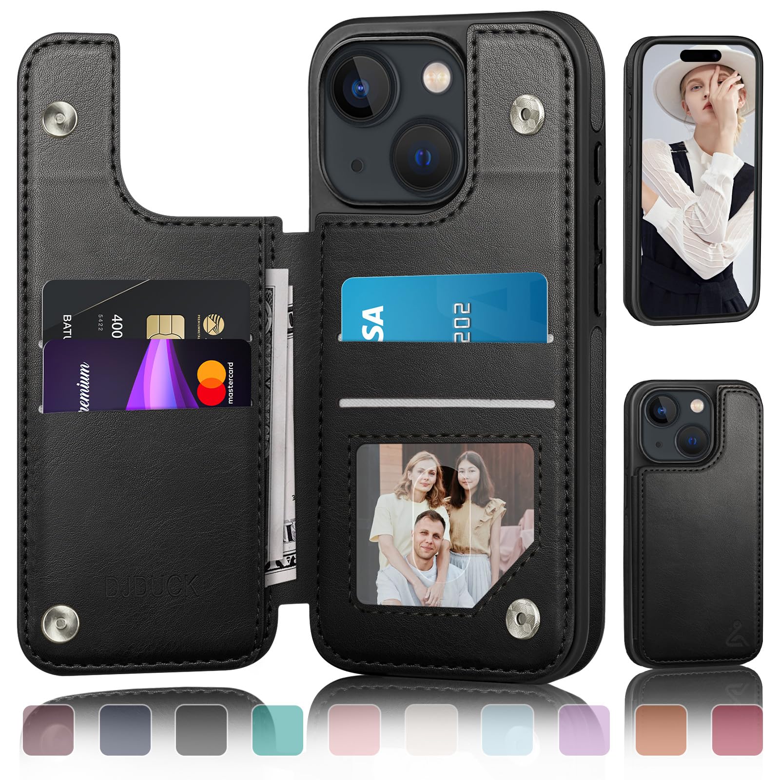 DJDUCK Designed for iPhone 15 Case Wallet with Card Holder, [Magnetic Clasp Cover] [RFID Blocking Leather Protection] Shockproof Women Men Cases 6.1