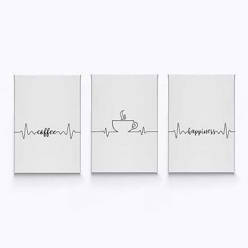 HB Art Design Coffee Happiness Line Art 3 Panel Canvas Print Set Wall Art Coffee Bar Decor Coffee Signs Kitchen Wall Decor Dining Room Restaurant
