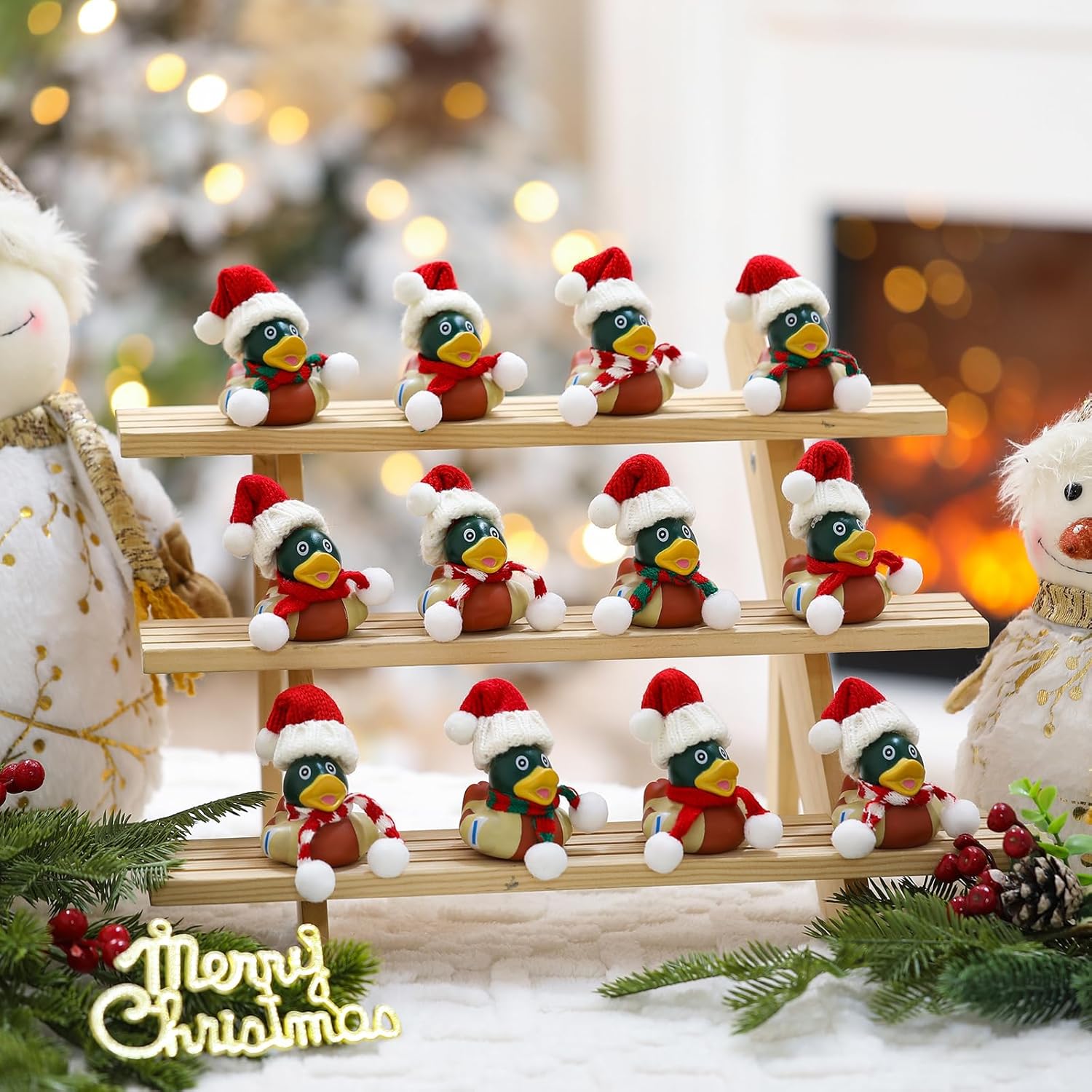Sotiff 12 Pcs 2 Inch Christmas Rubber Ducks Xmas Mallard Rubber Duckies with Christmas Hats Scarfs Mini Holiday Ducks Decoration Gift for Nature Birds Lovers Hunting