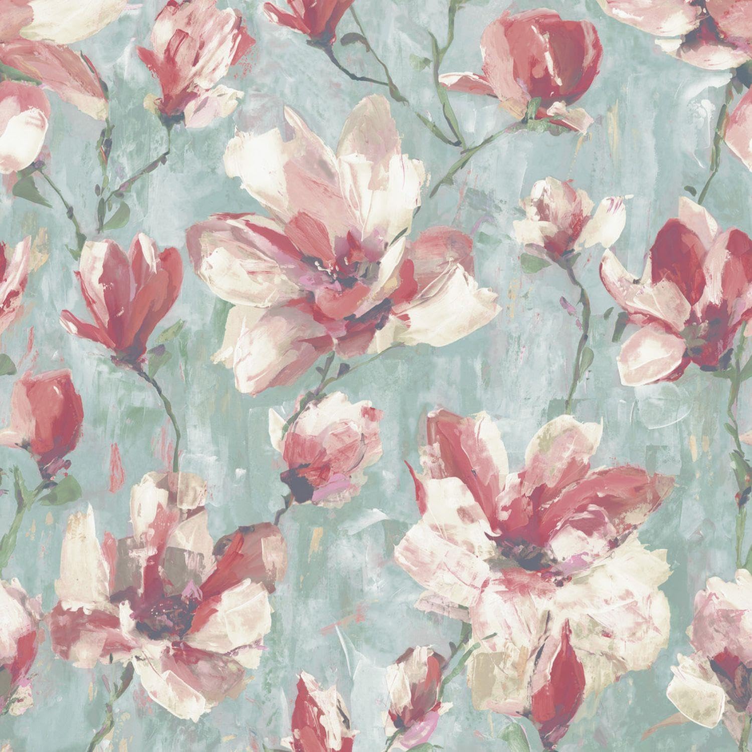 YöL Camilla Floral Teal & Pink Wallpaper - Floral Pattern Vintage Romantic - Traditional Paste The Wall Vinyl