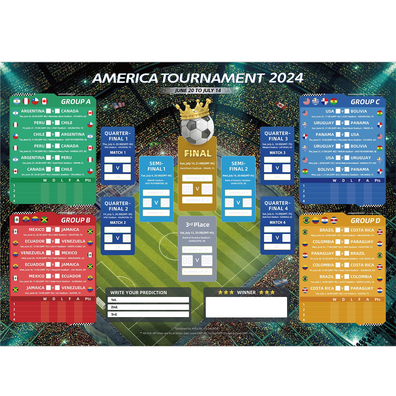 AhfuLifeAhfuLife Soccer Match Schedule Poster for COPA USA 2024-23.3''×33.1'' - A1 Sizes Poster with Local Time Team Info for Americas 2024 Soccer Bar Club Garden Party Decorations (1 Pc)