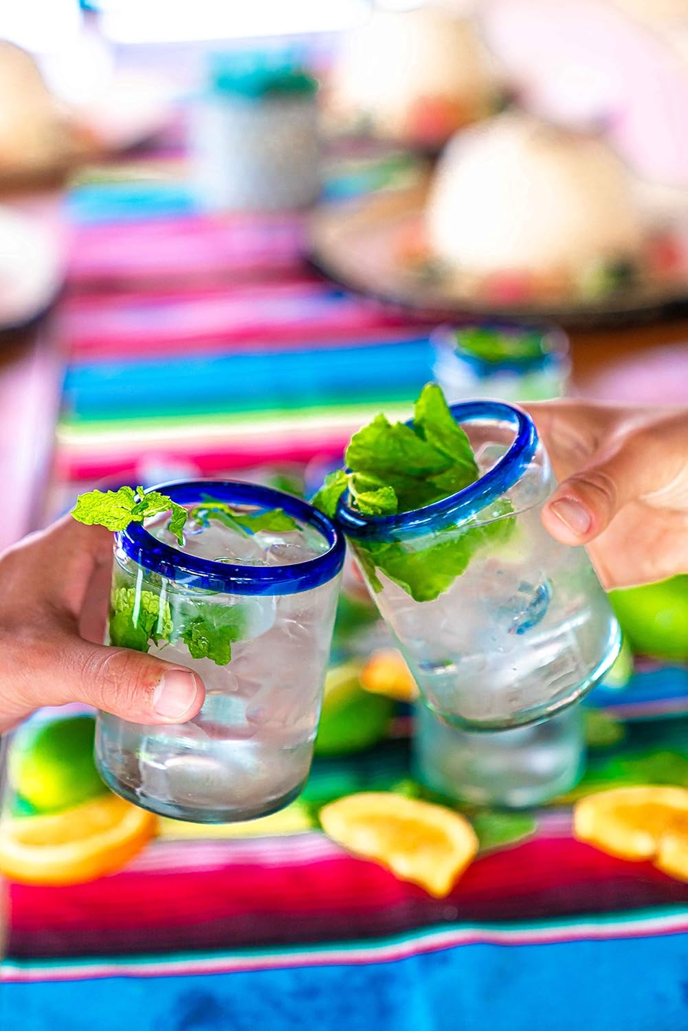 Set of 6 Hand-Blown Tumbler (10 oz) Glasses from Mexico with Cobalt Blue Rim - Rustic & Handcrafted Recycled Bubble Glass Drinking Glassware
