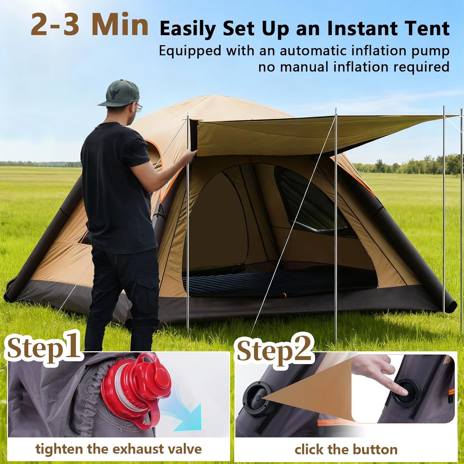 Automatic Inflatable Tent with Air Pump, 2/4/6 Person Family Tents for Camping with 2-3 Min Set Up, Windproof Waterproof Tents with Mosquito Screen Window, Portable Tent for Traveling