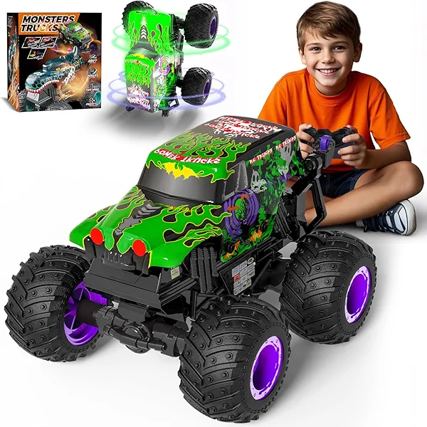 Monster Trucks for Boys Age 4-7, 2.4Ghz RC Grave Zombie Monster Truck Toys with Stunt, 360°Spin & Drift, 1:20 Scale Digger Remote Control Car with Light & Sounds, Gift for 3 5 6 8 Year Old Girls