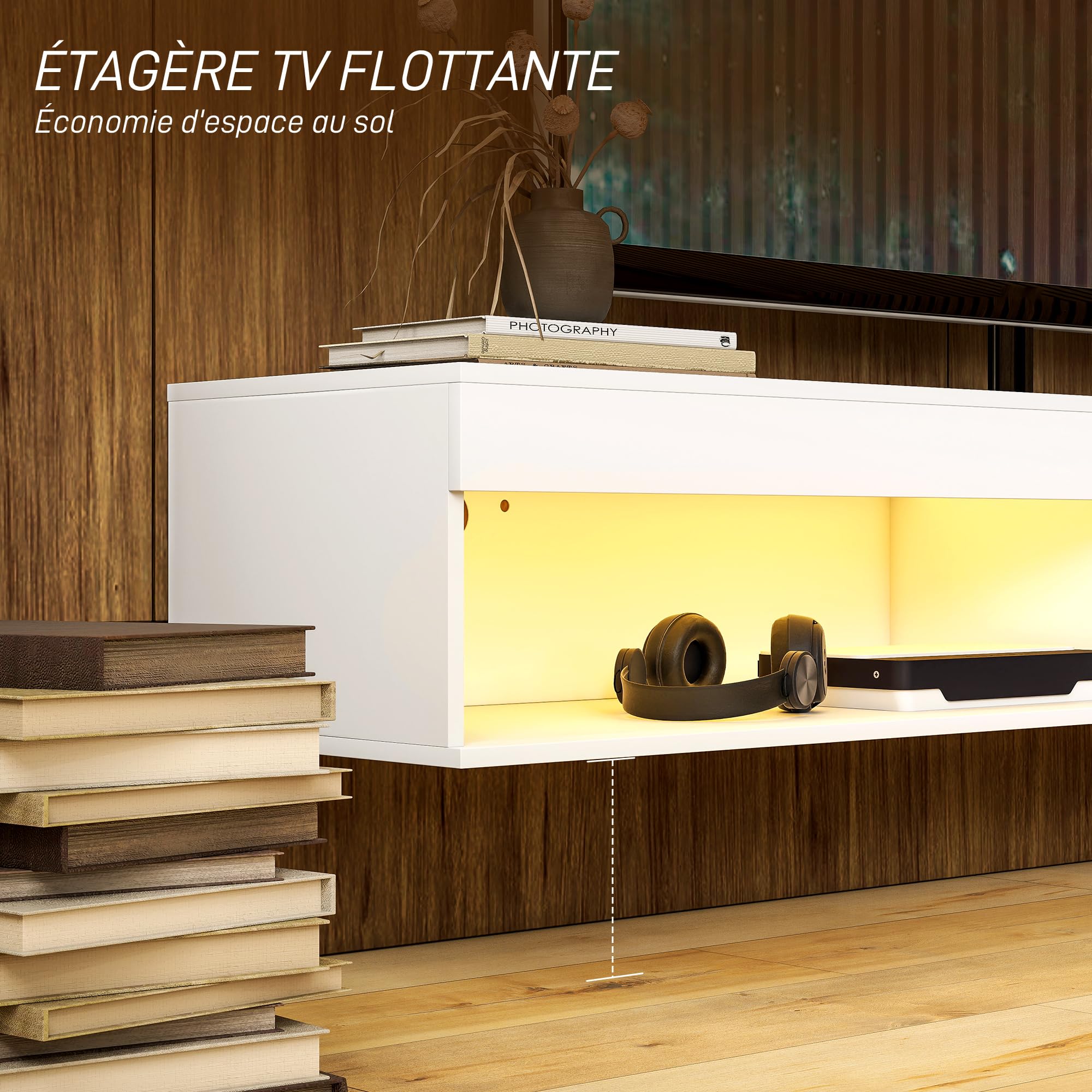 HOMCOM Meuble TV Suspendu Mural pour TV 75 Pouces 80 x 40 x 30 cm Blanc