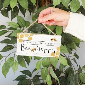 Simply Said, INC Dont Worry Bee Happy Wood Sign, 3.5 x 6.5 Pine Hanging Sign, Bee Decor for Wall,Desk, Shelf, Office, Farmhouse, Rustic, Cottage Home Decor, Made in USA